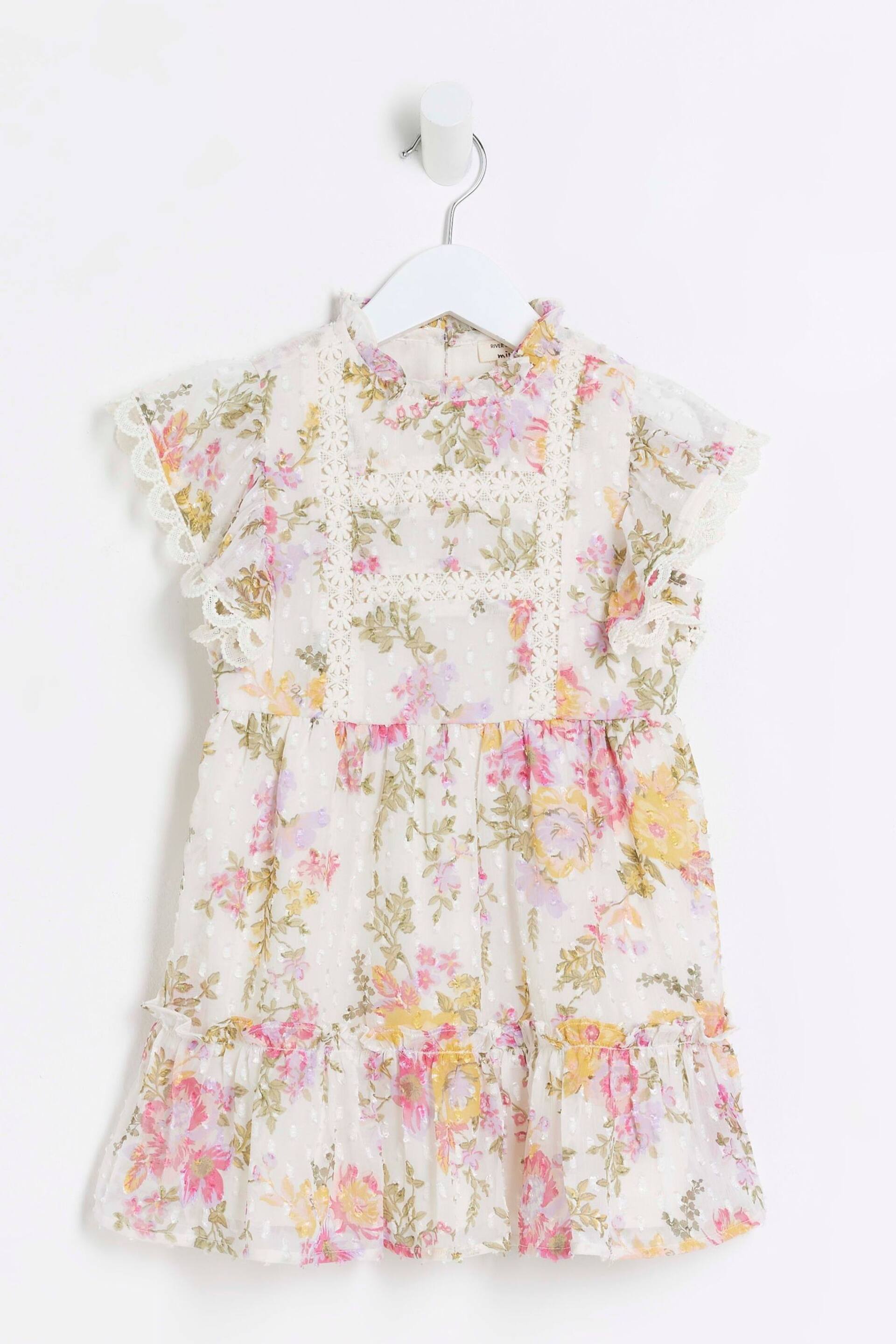 River Island Pink Mini Girls Floral Chiffon Dress - Image 1 of 4