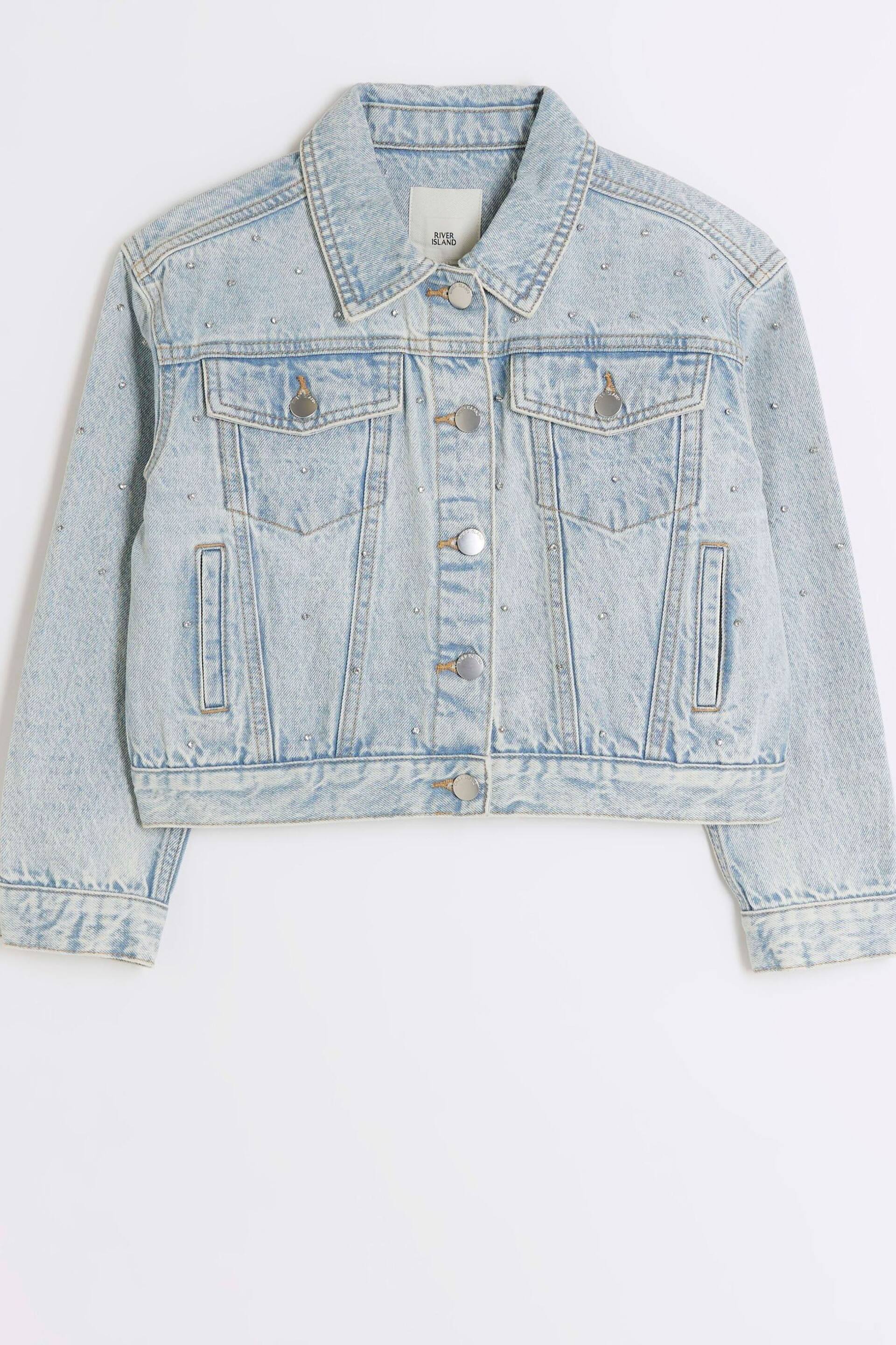 River Island Blue Girls Diamonte Placement Denim Jacket - Image 2 of 4