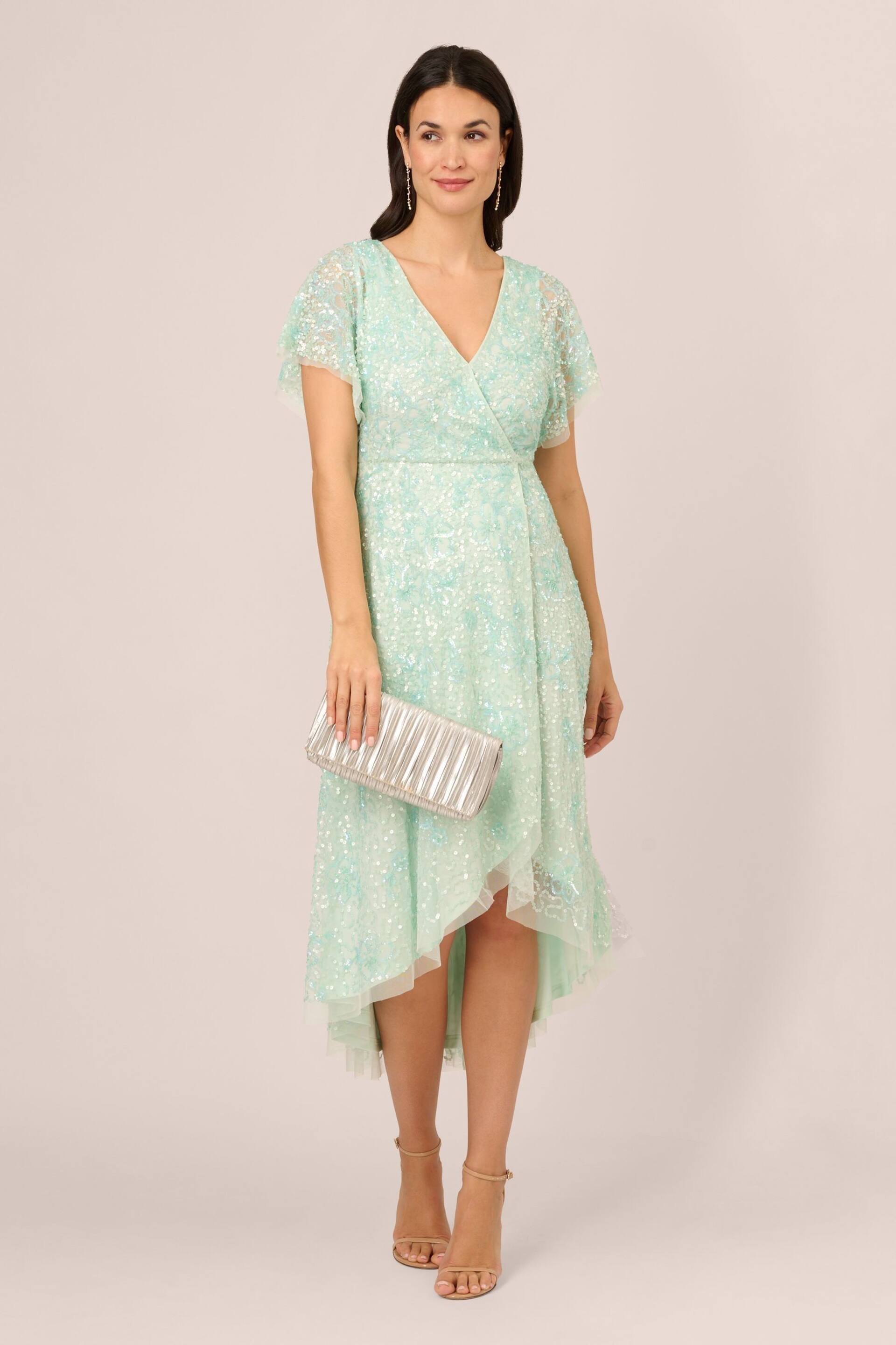 Adrianna Papell Green Beaded Mesh Wrap Dress - Image 3 of 7