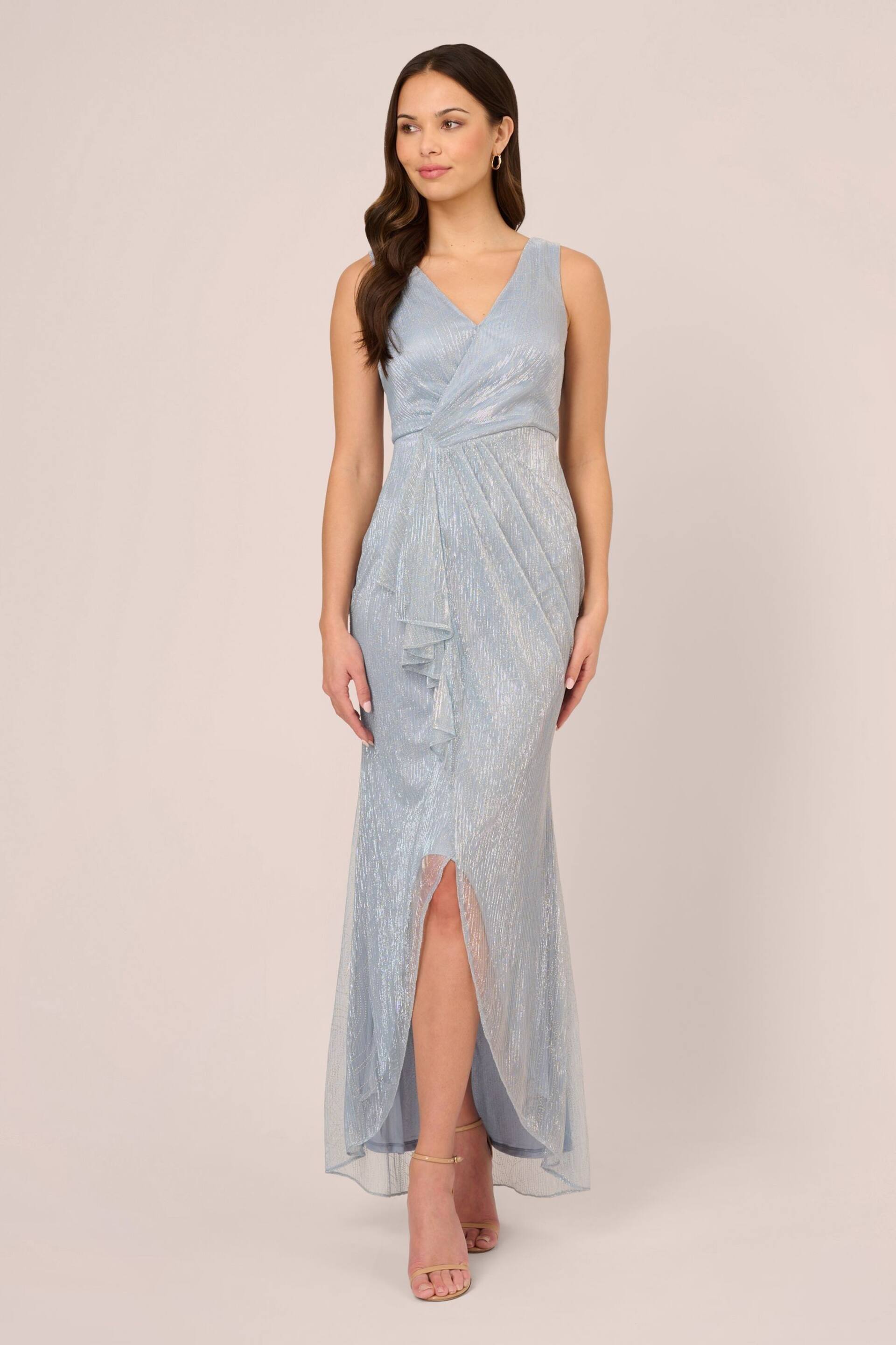 Adrianna Papell Blue Metallic Mesh Cascade Gown - Image 1 of 7