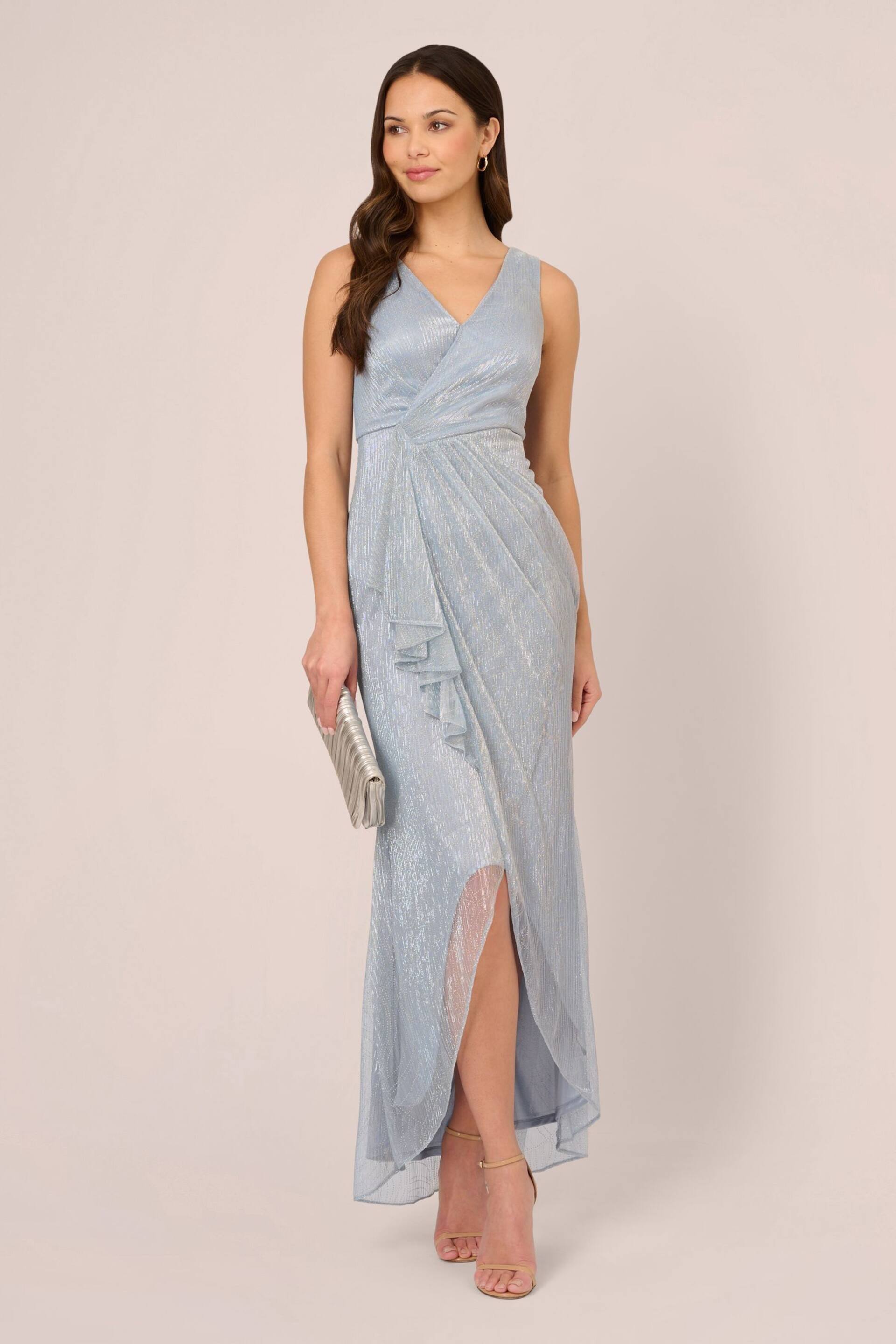 Adrianna Papell Blue Metallic Mesh Cascade Gown - Image 3 of 7