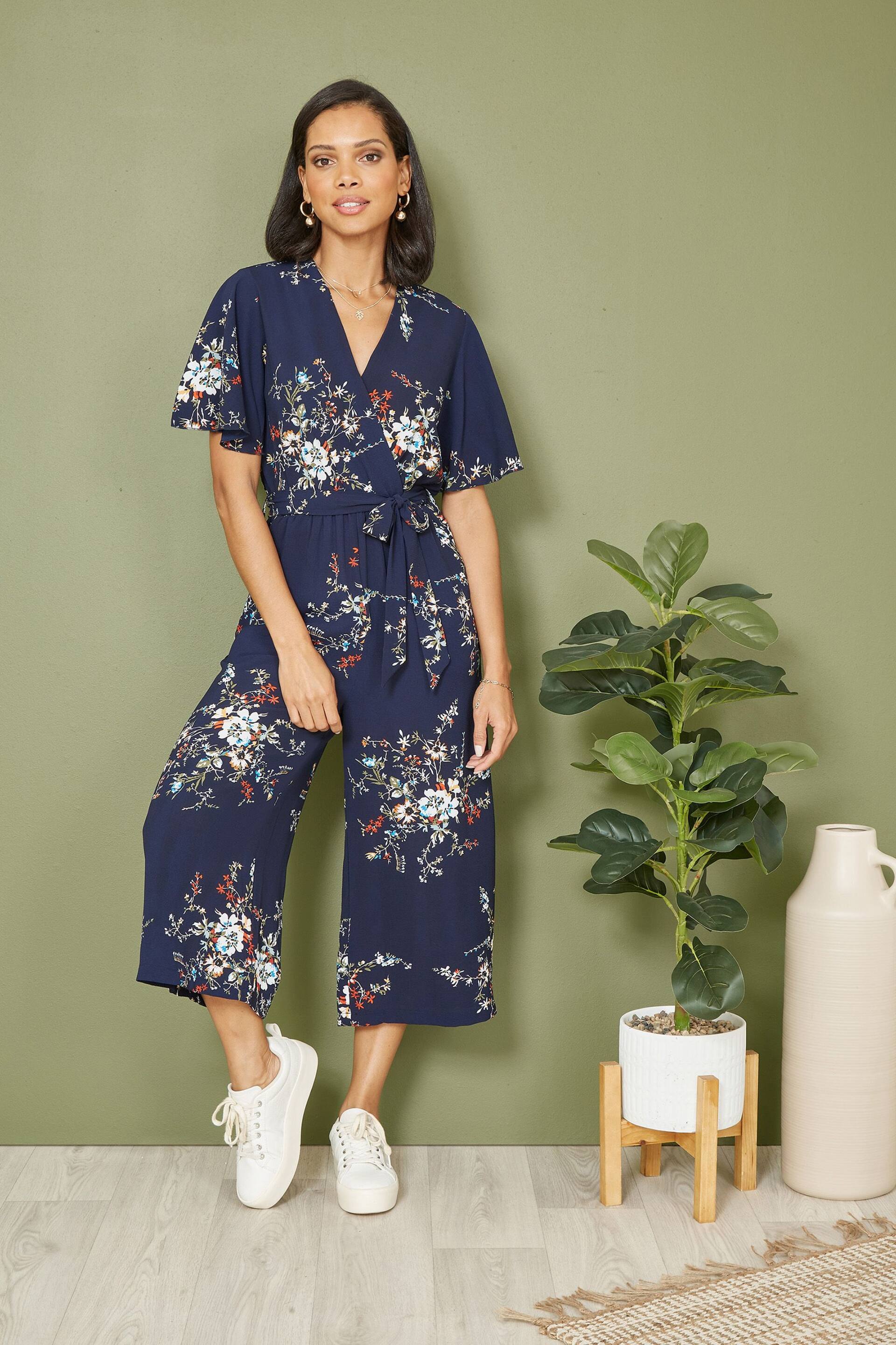 Mela Blue Floral Print Jumpsuit With Angel Sleeves - Image 1 of 5