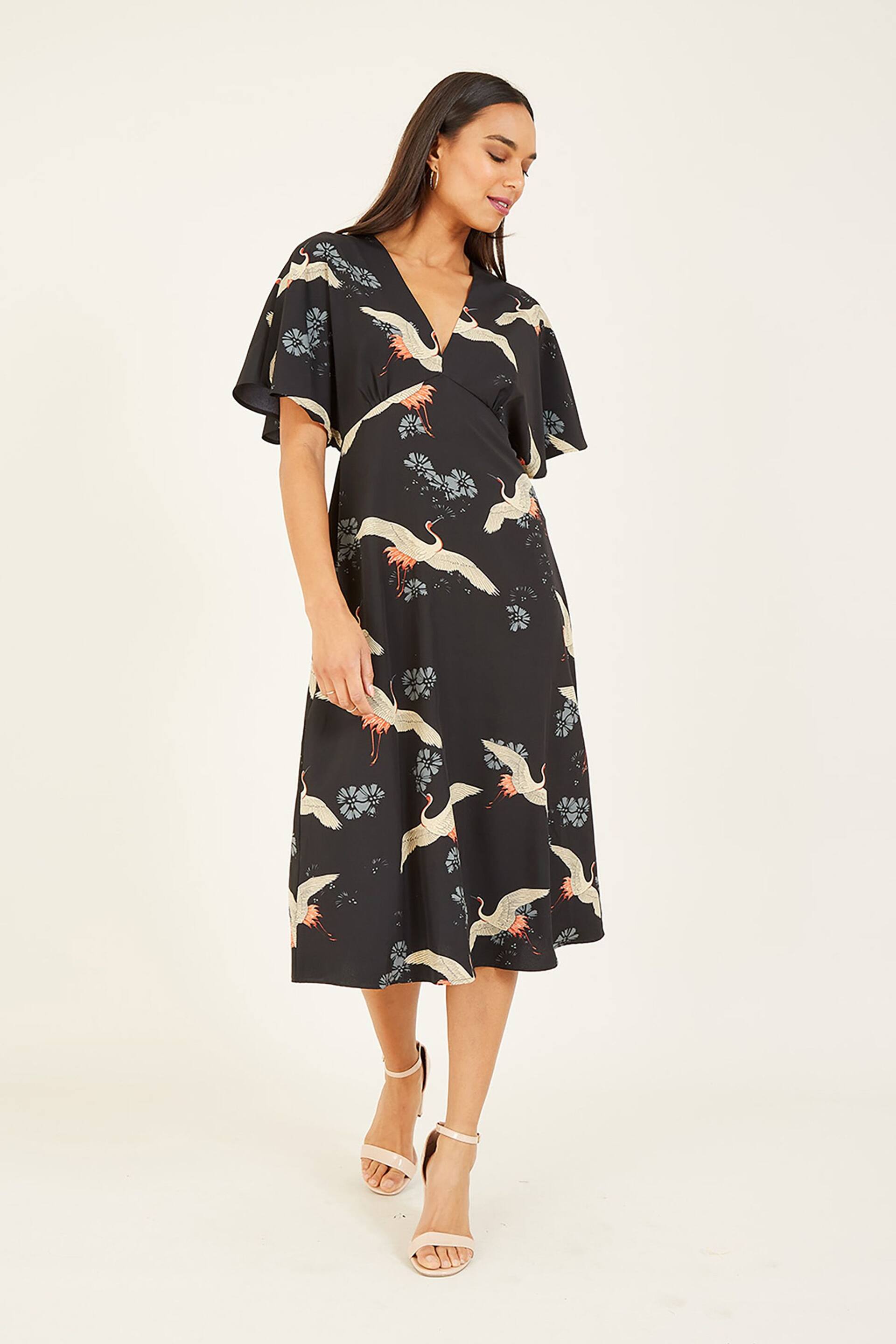 Yumi Black Crane Print Kimono Midi Dress - Image 1 of 4