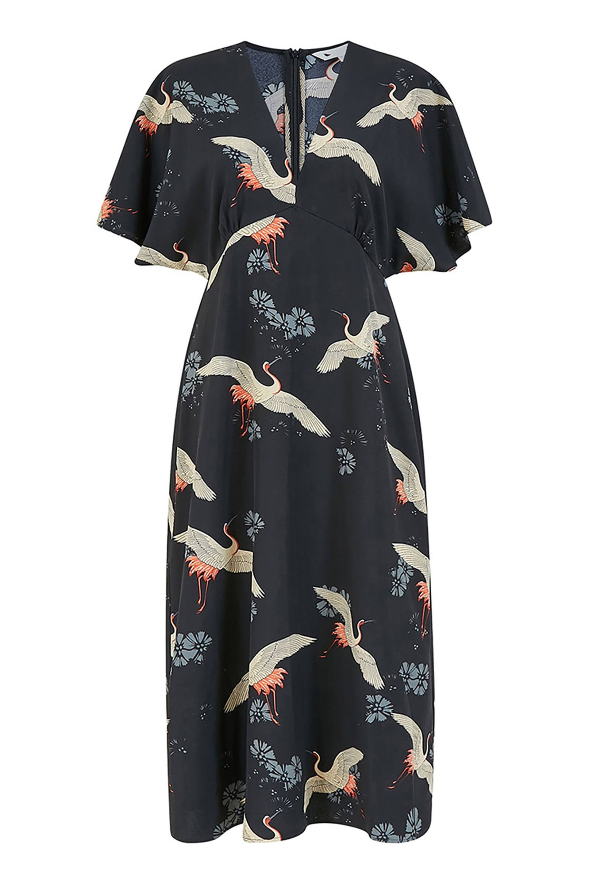 Yumi Black Crane Print Kimono Midi Dress - Image 4 of 4