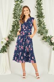 Yumi Blue Floral Print Mesh Stretch Midi Dress With Pockets - Image 1 of 5