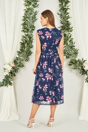 Yumi Blue Floral Print Mesh Stretch Midi Dress With Pockets - Image 2 of 5