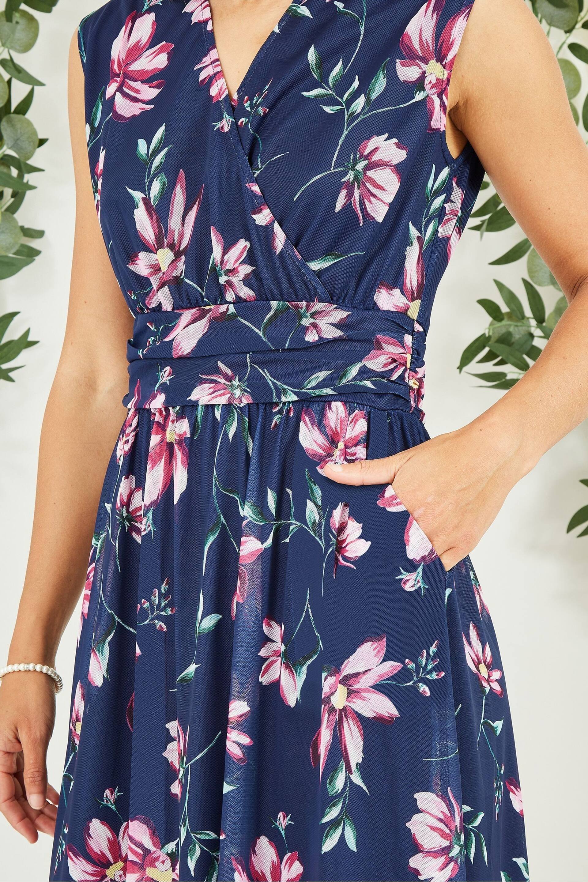 Yumi Blue Floral Print Mesh Stretch Midi Dress With Pockets - Image 4 of 5