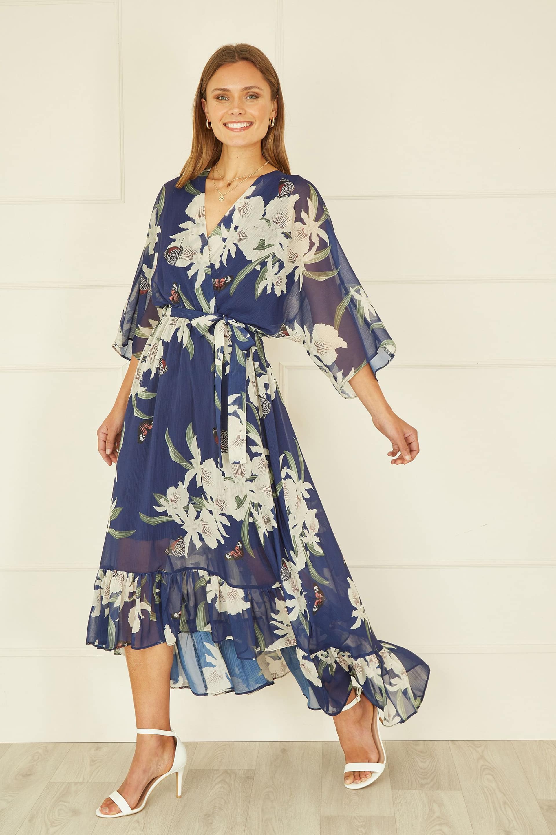 Yumi Blue Floral Print Kimono Midi Wrap Dress - Image 1 of 3