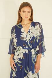 Yumi Navy Blue Floral Kimono Sleeves Dip Hem Wrap Midi Dress - Image 2 of 3