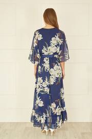Yumi Navy Blue Floral Kimono Sleeves Dip Hem Wrap Midi Dress - Image 3 of 3