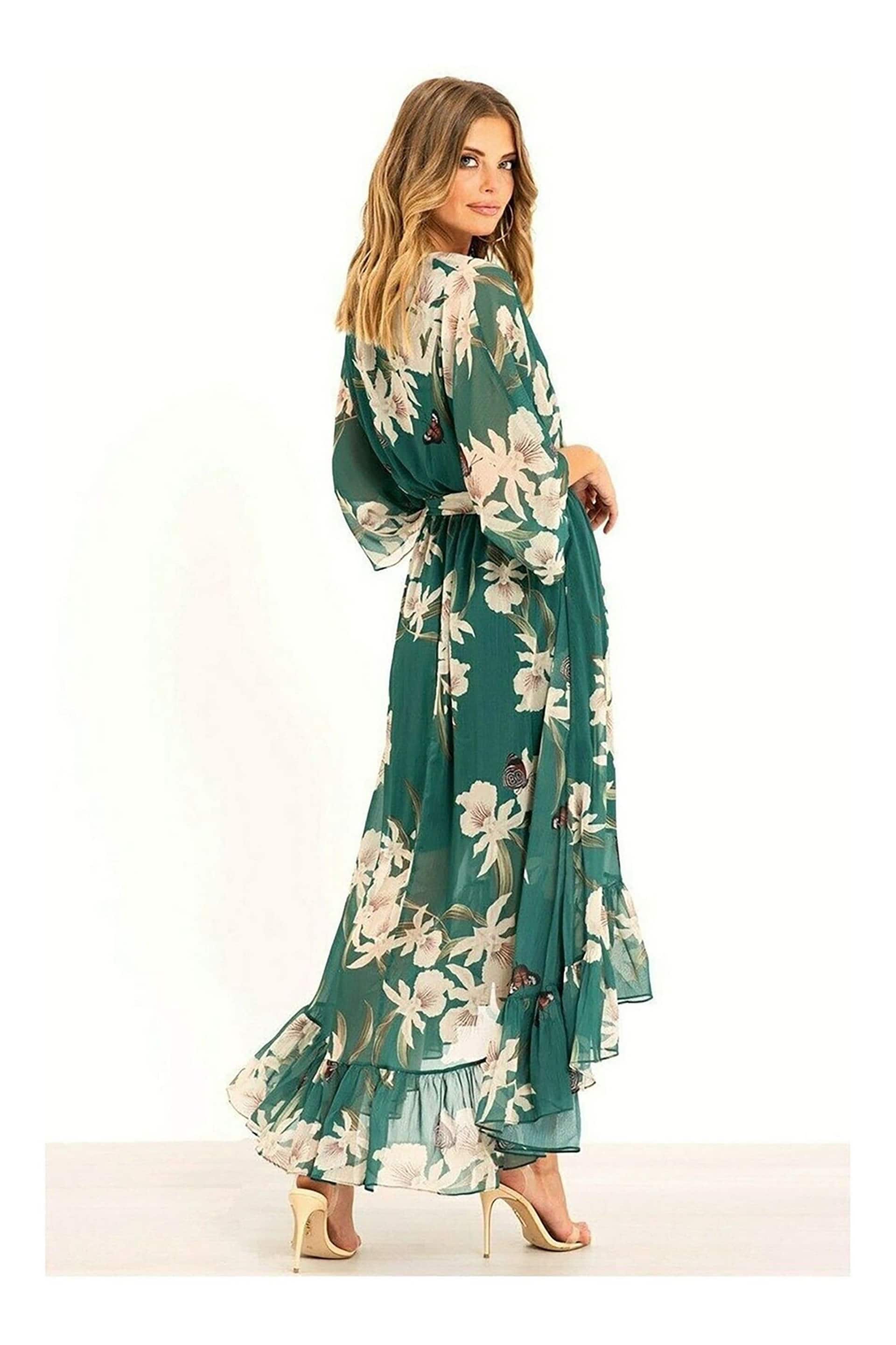 Yumi Floral Green Floral Print Kimono Midi Wrap Dress - Image 2 of 4