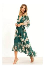 Yumi Floral Green Floral Print Kimono Midi Wrap Dress - Image 3 of 4