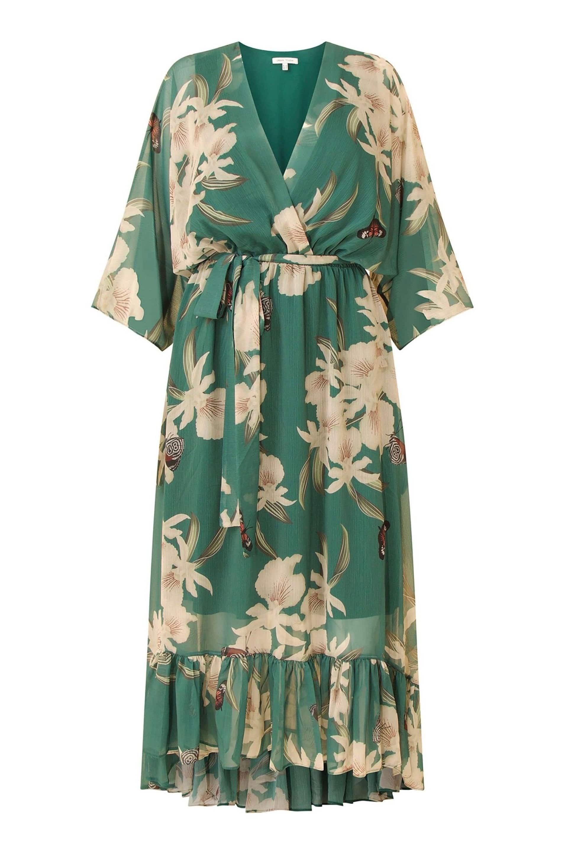 Yumi Floral Green Floral Print Kimono Midi Wrap Dress - Image 4 of 4