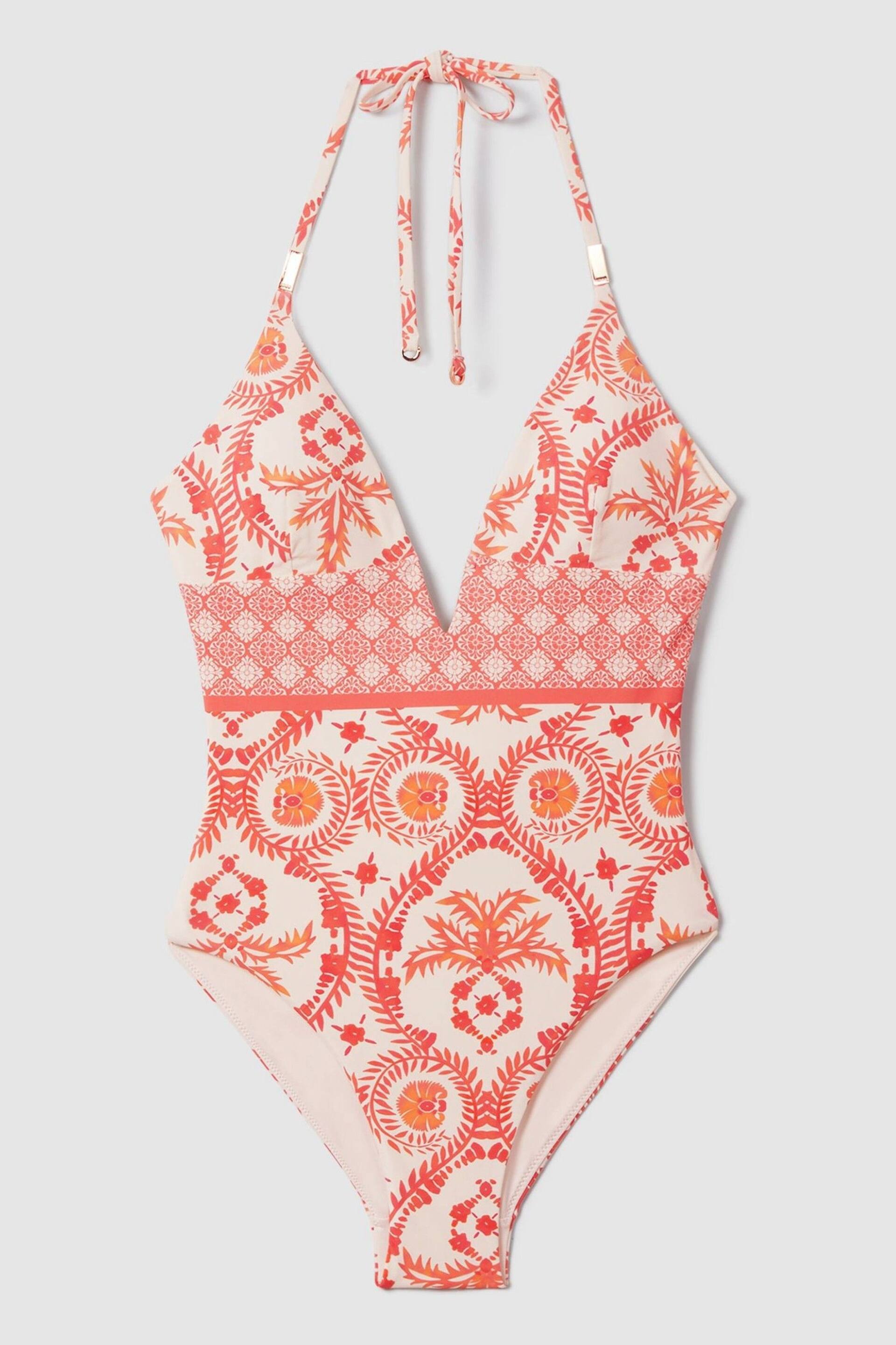 Reiss Cream/Coral Leonora Printed Plunge Neck Swimsuit - Image 2 of 6