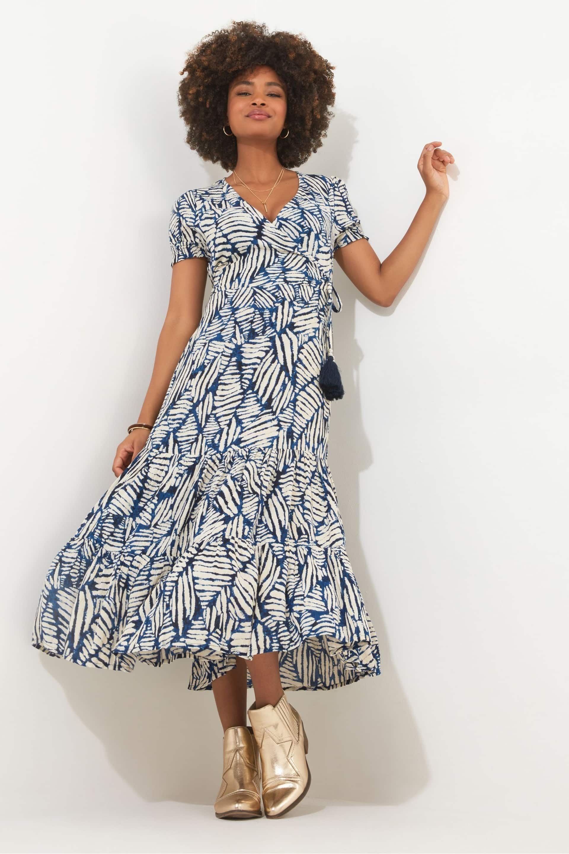 Joe Browns Blue Fern Print Crinkle Midi Dress - Image 1 of 5
