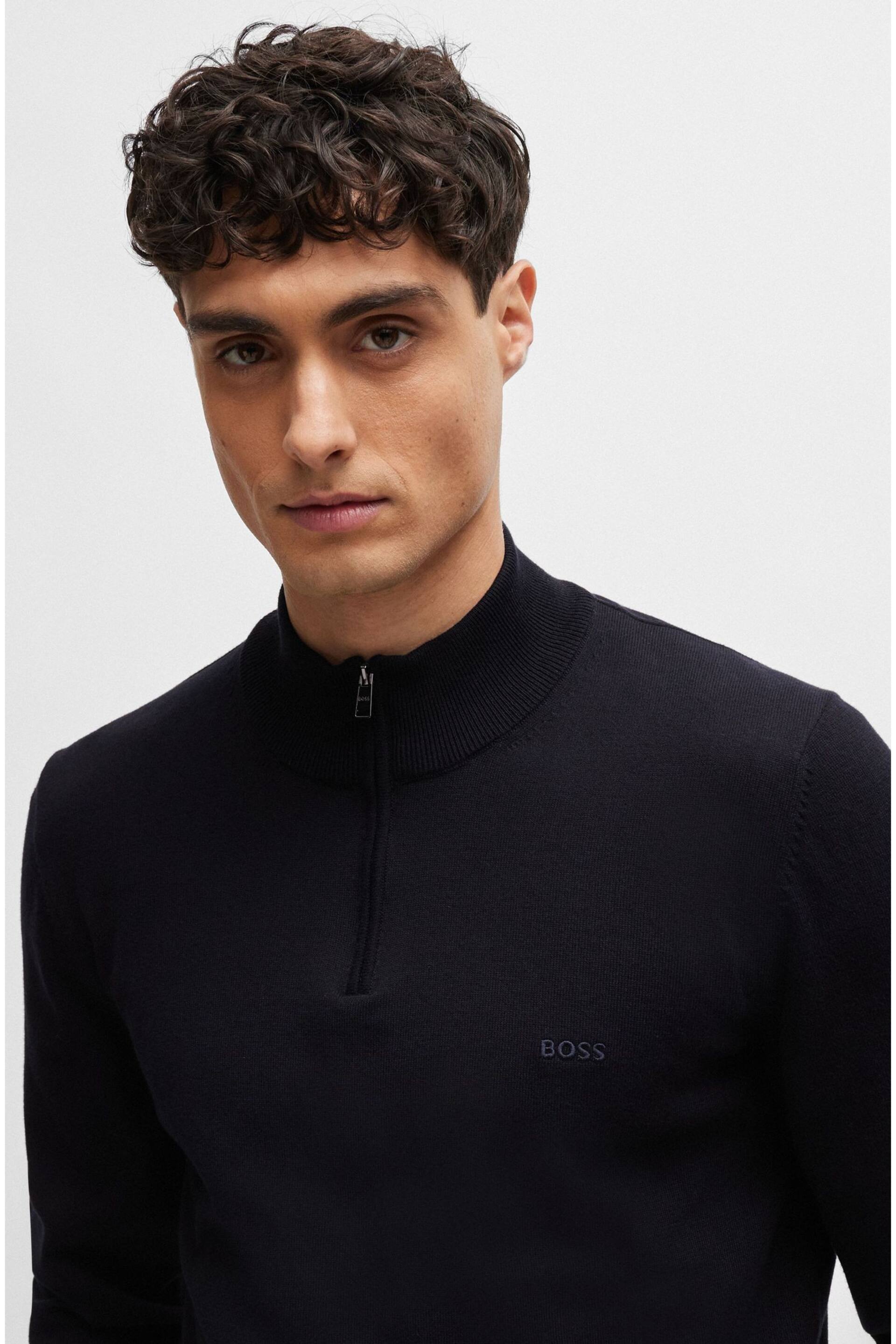 BOSS Dark Blue Cotton-Jersey Zip-Neck Sweater With Embroidered Logo - Image 4 of 5