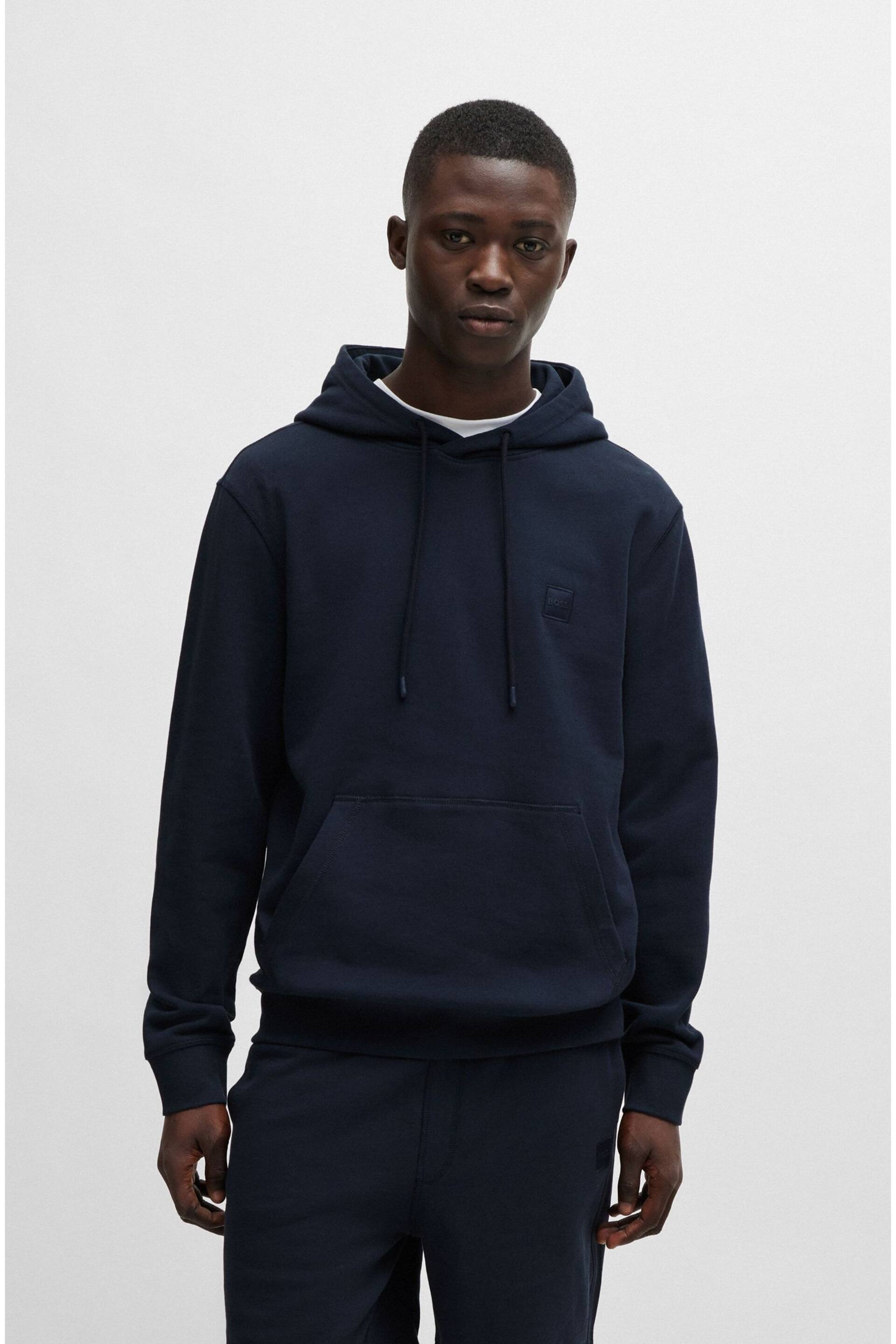 BOSS Dark Blue Logo-Patch Hoodie In Cotton Terry - Image 1 of 5