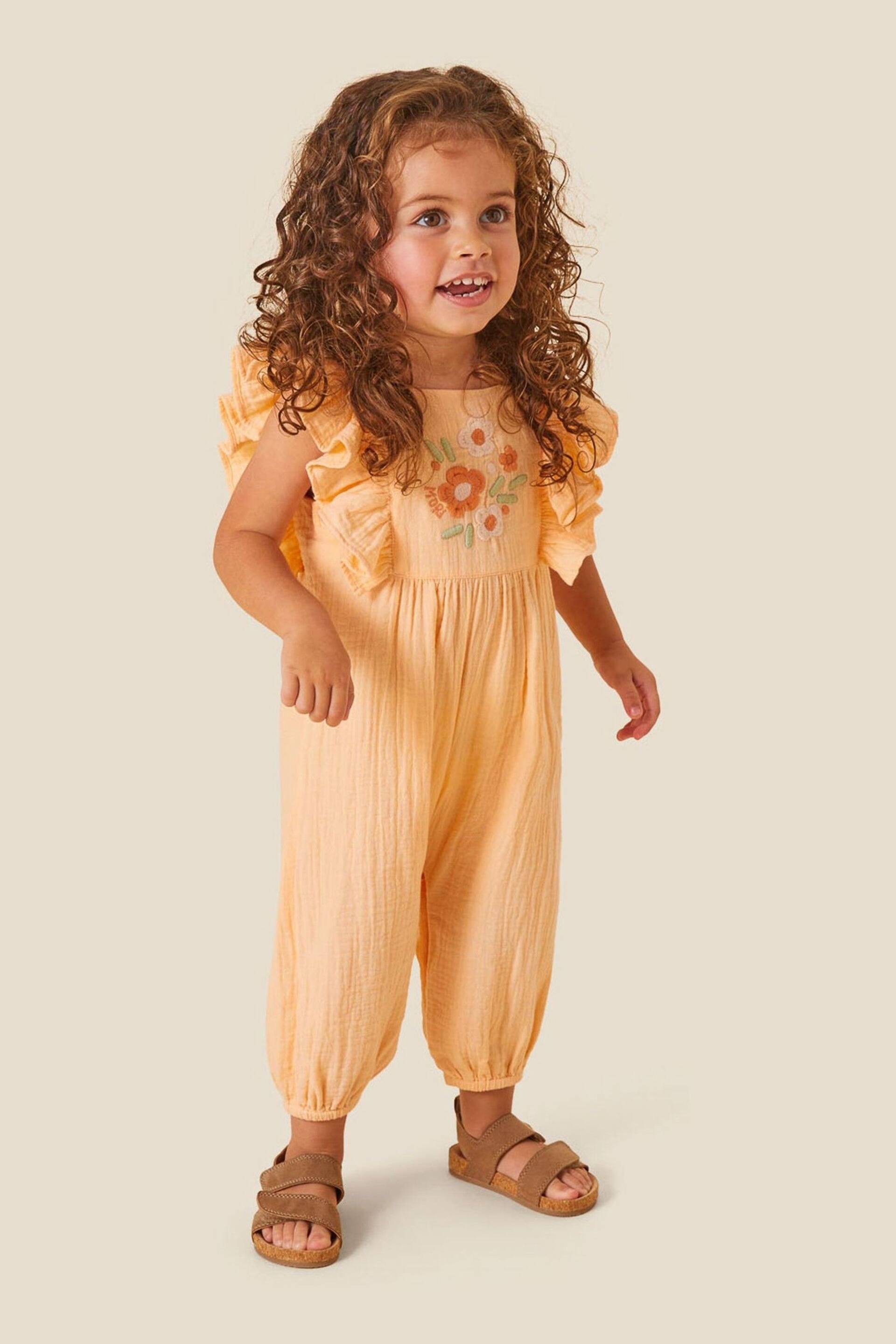 MORI Pink Organic Cotton Muslin Peach Embroidered Summer Dungarees - Image 1 of 6