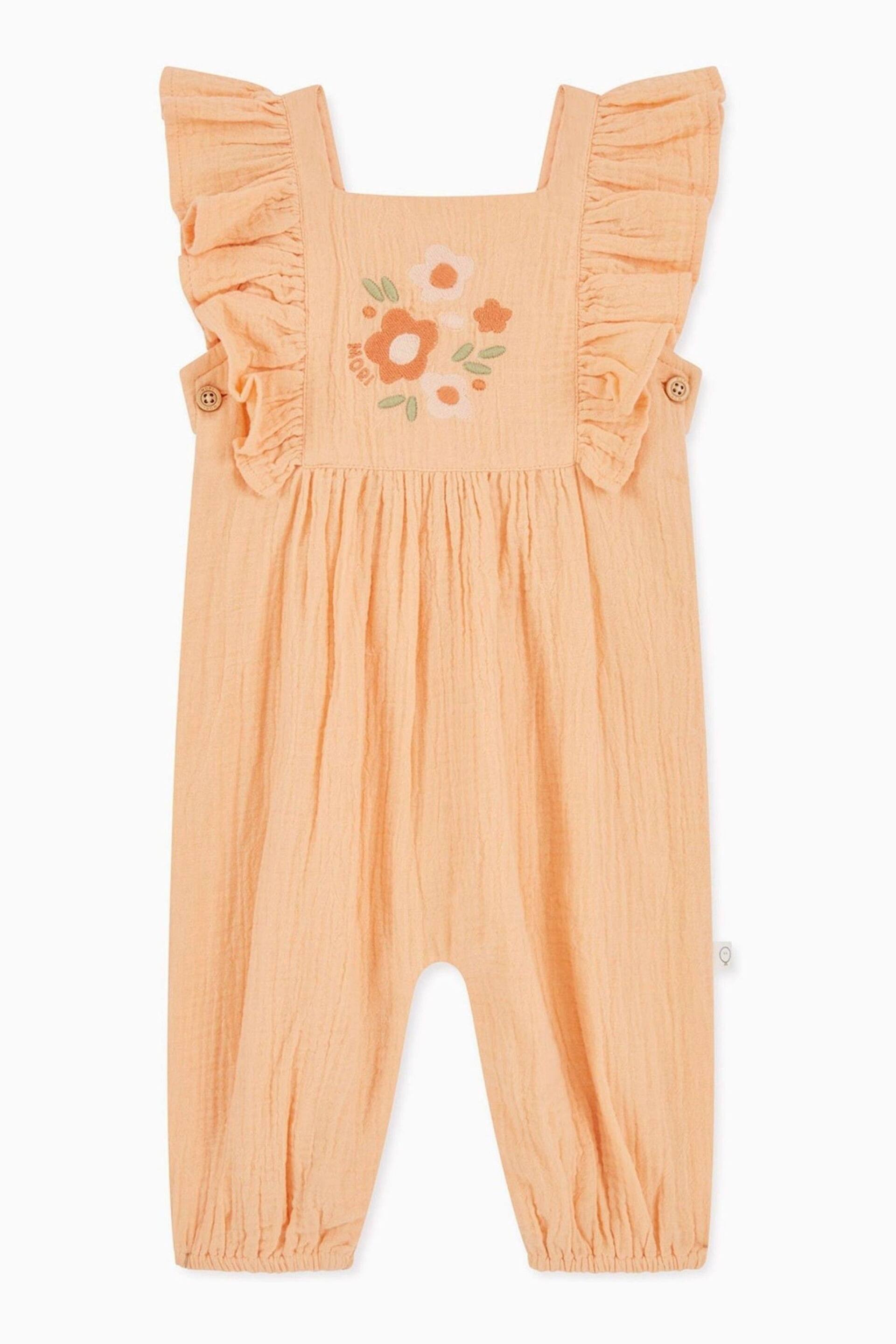MORI Pink Organic Cotton Muslin Peach Embroidered Summer Dungarees - Image 5 of 6