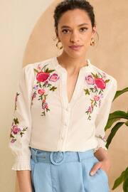Love & Roses Ivory White Embroidery Embroidered V Neck 3/4 Sleeve Blouse - Image 1 of 4