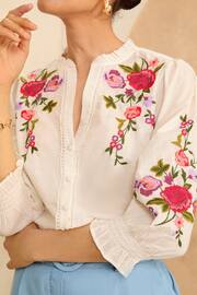 Love & Roses Ivory White Embroidery Embroidered V Neck 3/4 Sleeve Blouse - Image 2 of 4