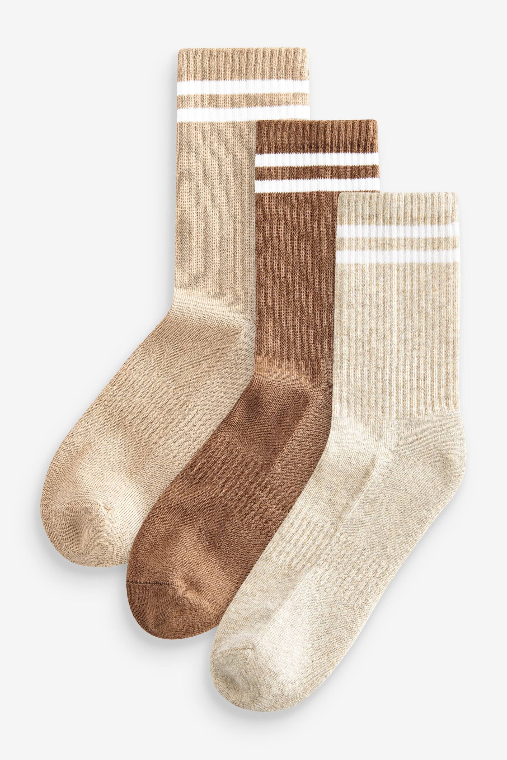 Neutral/White Stripe Cushion Sole Ribbed Sport Ankle Socks 3 Pack With Arch Support - Image 1 of 4