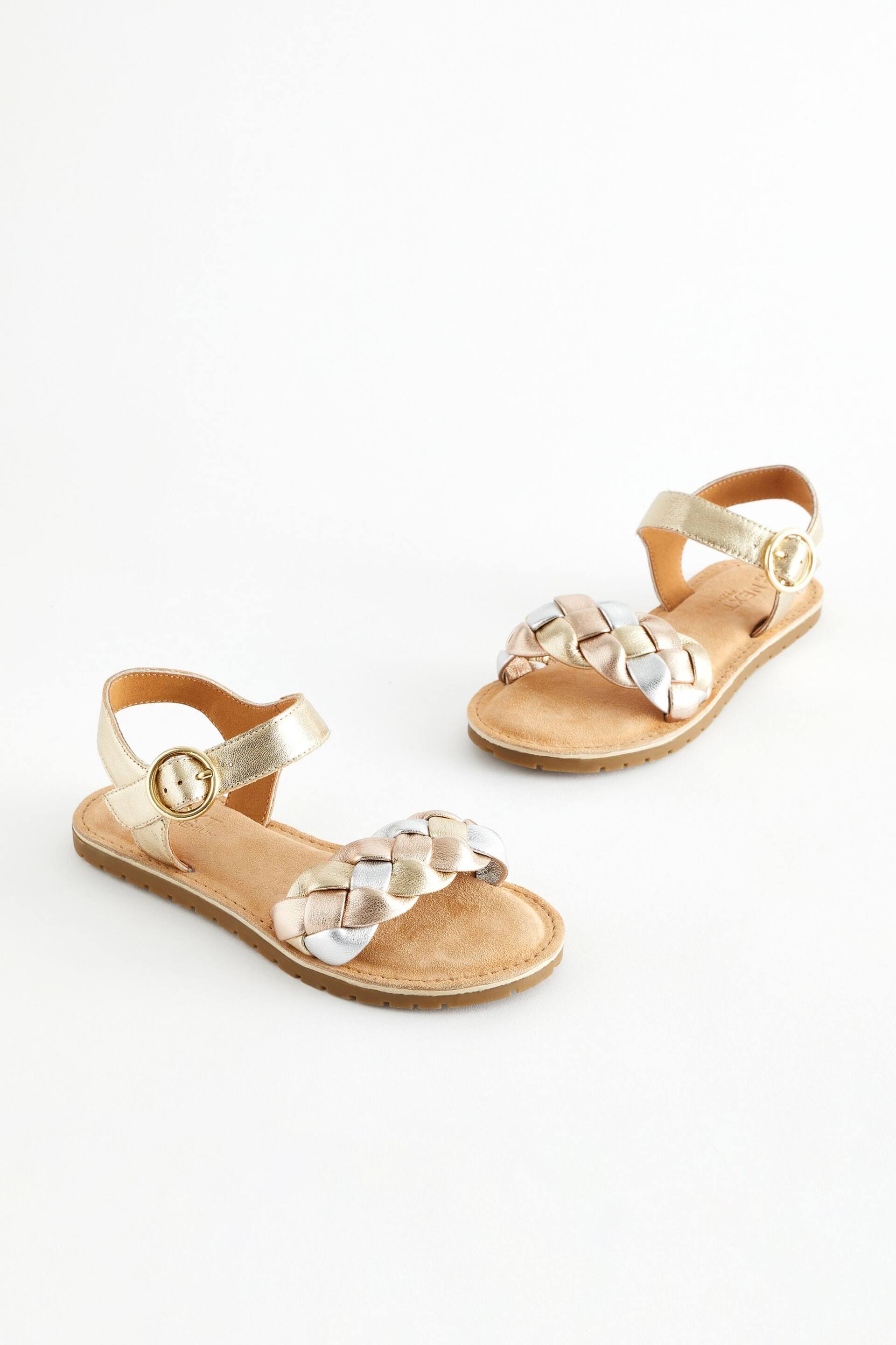 Gold Silver Metallic Leather Plaited Sandals - Image 1 of 6