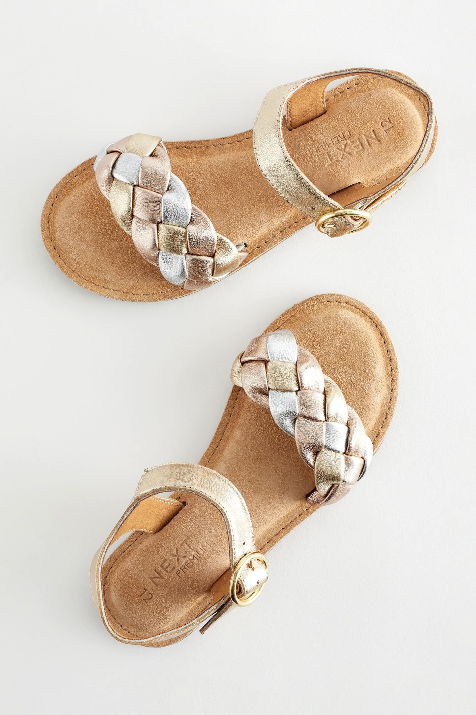 Gold Silver Metallic Leather Plaited Sandals - Image 4 of 6