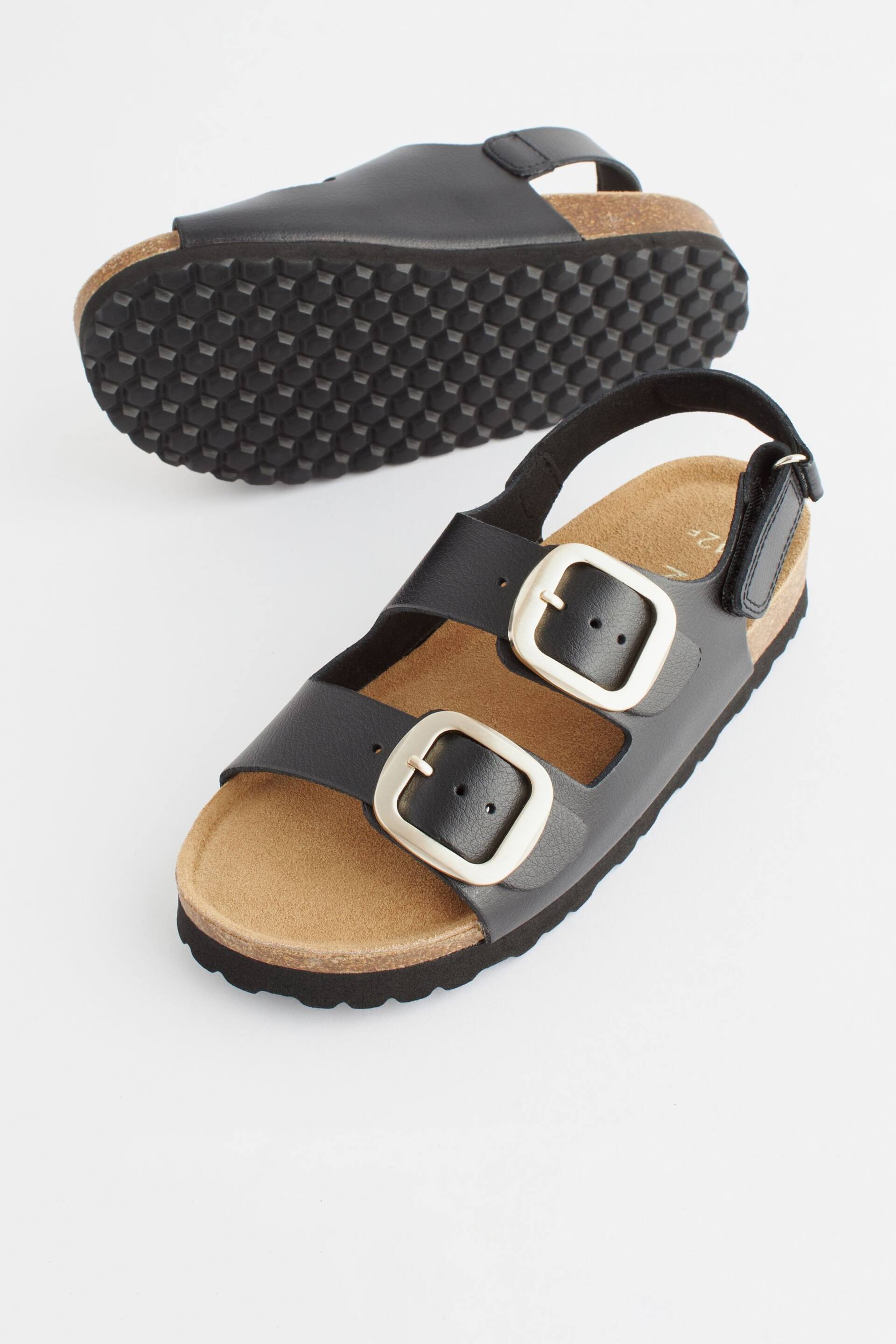 Black Leather Standard Fit (F) Two Strap Corkbed Sandals - Image 4 of 8
