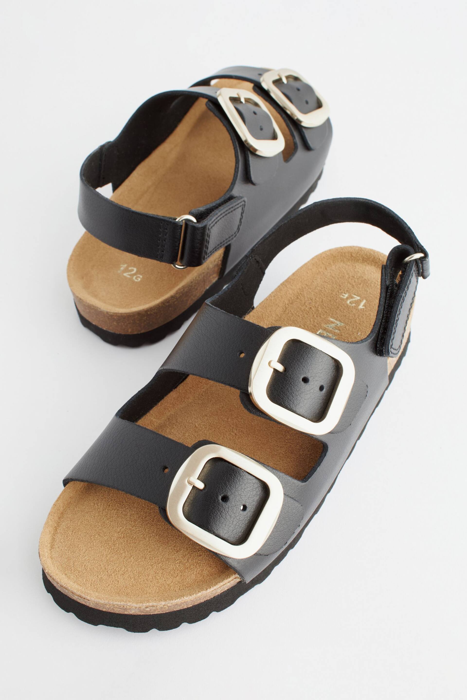 Black Leather Standard Fit (F) Two Strap Corkbed Sandals - Image 6 of 8