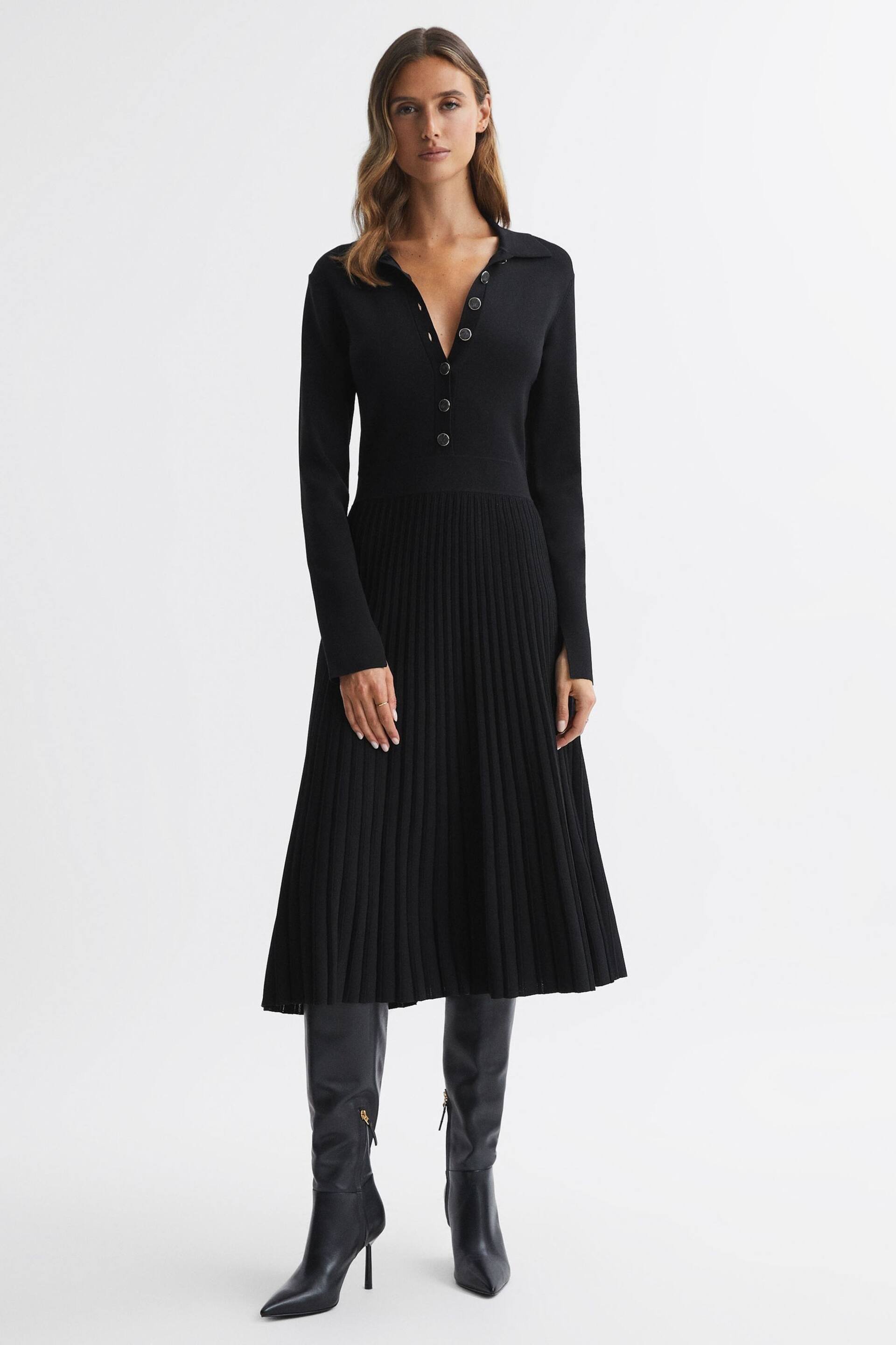 Reiss Black Mia Knitted Pleated Midi Dress - Image 1 of 5