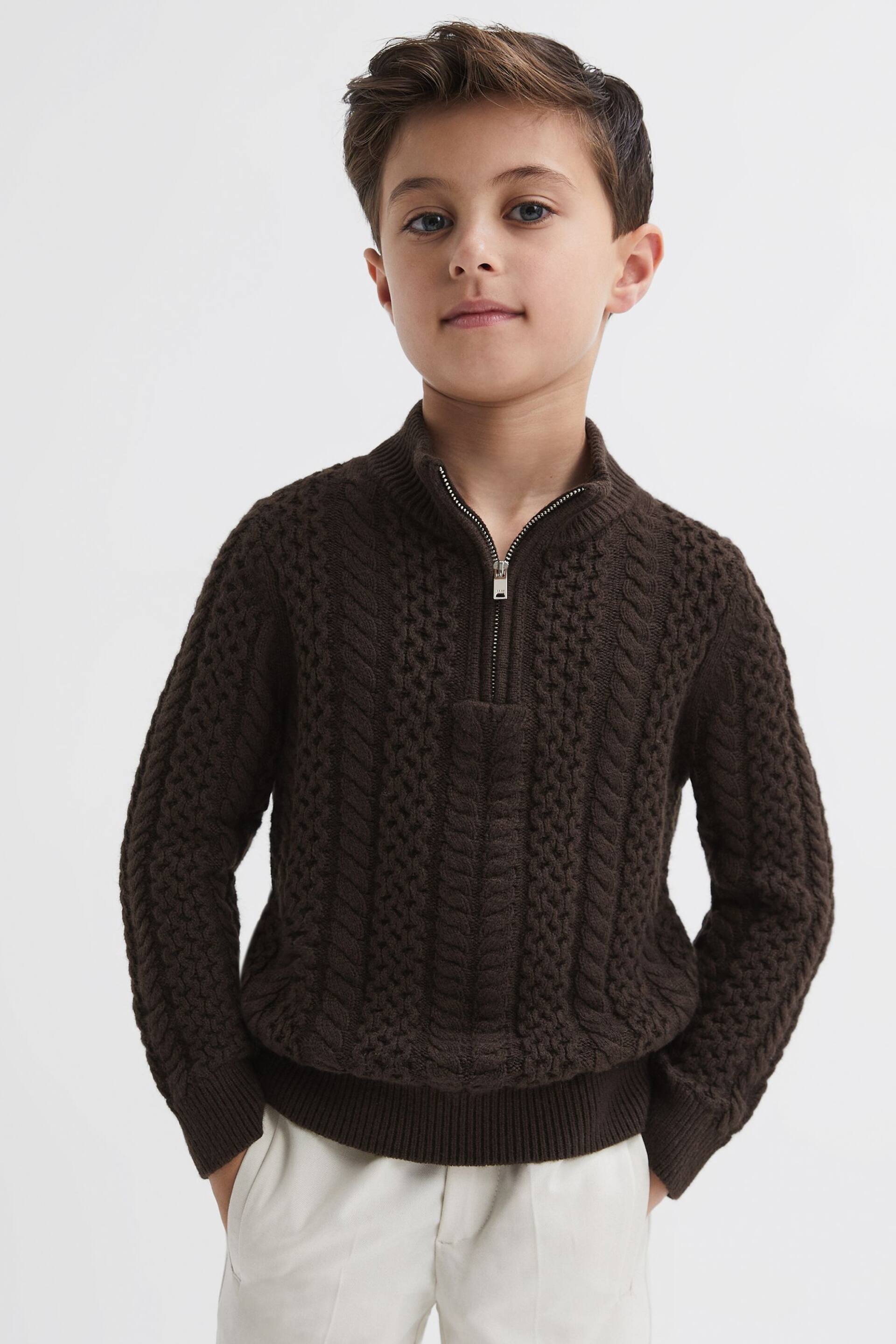 Reiss Chocolate Bantham Junior Slim Fit Knitted Half-Zip Jumper - Image 1 of 6