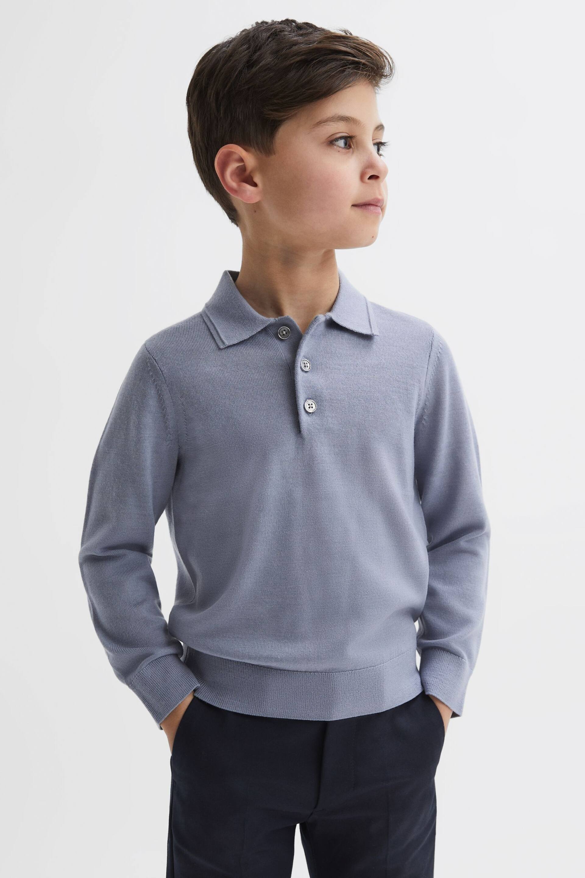 Reiss Porcelain Blue Trafford Senior Merino Wool Polo Shirt - Image 4 of 6