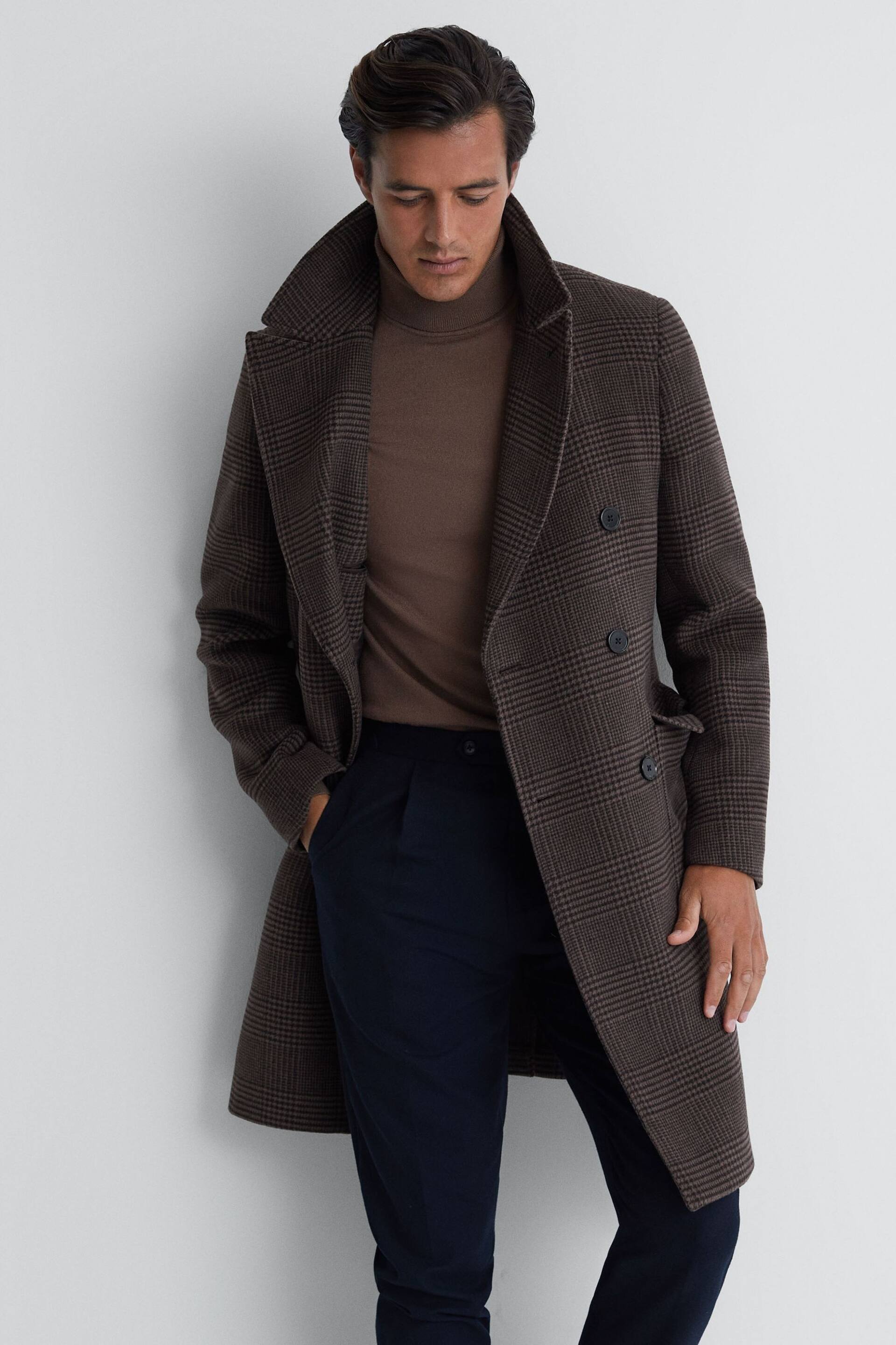 Reiss Brown Date Wool Check Double Breasted Coat - Image 1 of 5