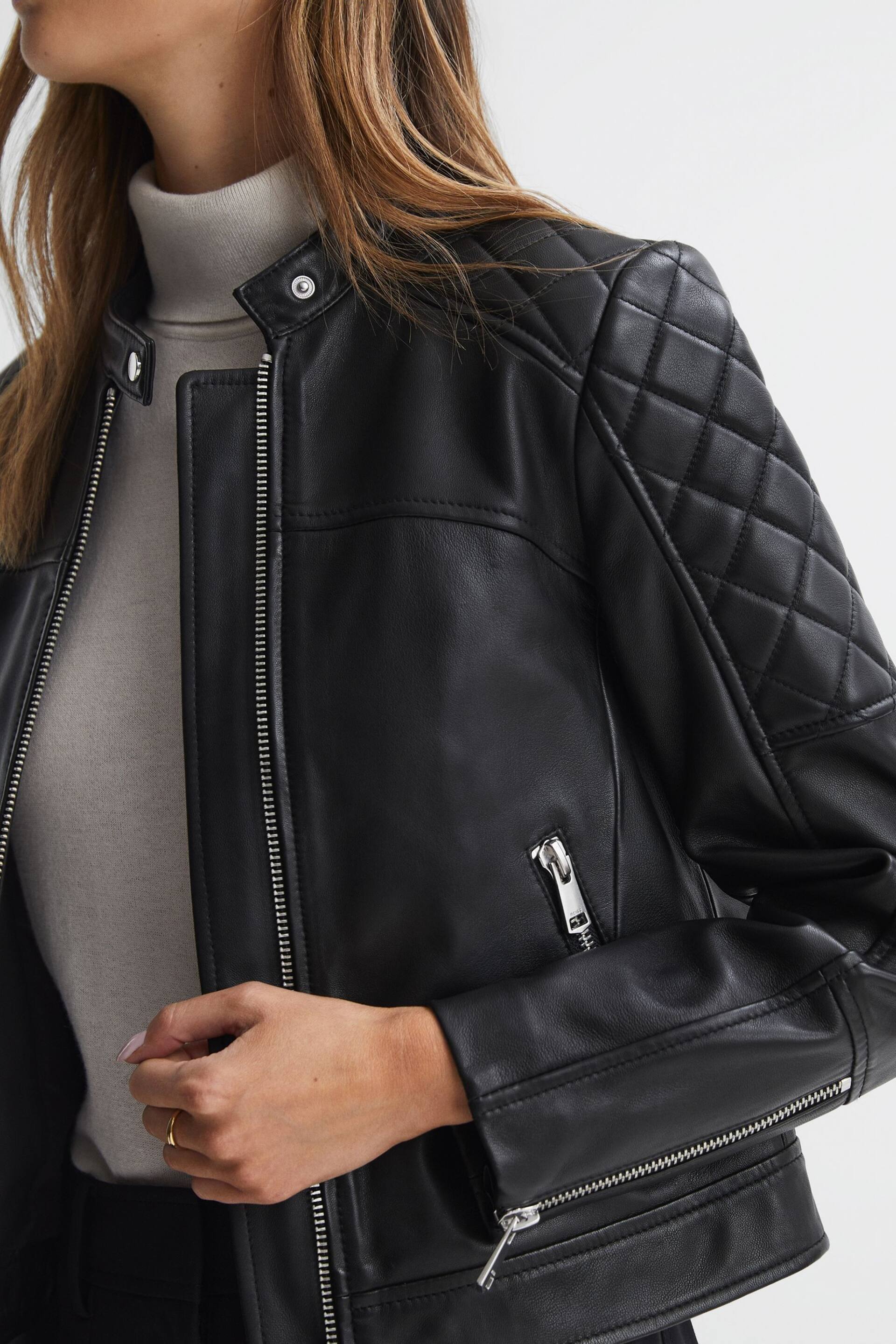 Reiss Black Adelaide Leather Collarless Quilted Jacket - Image 1 of 5