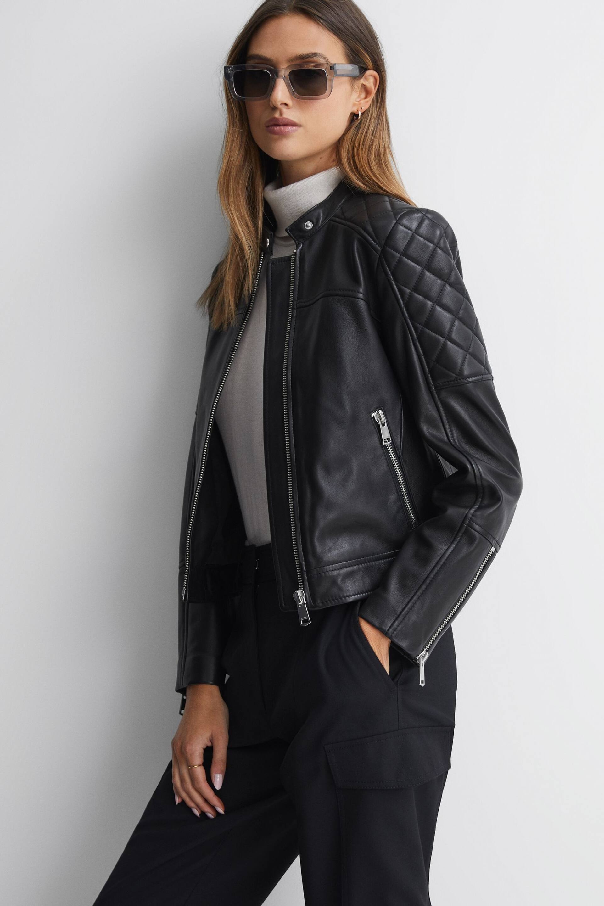 Reiss Black Adelaide Leather Collarless Quilted Jacket - Image 3 of 5