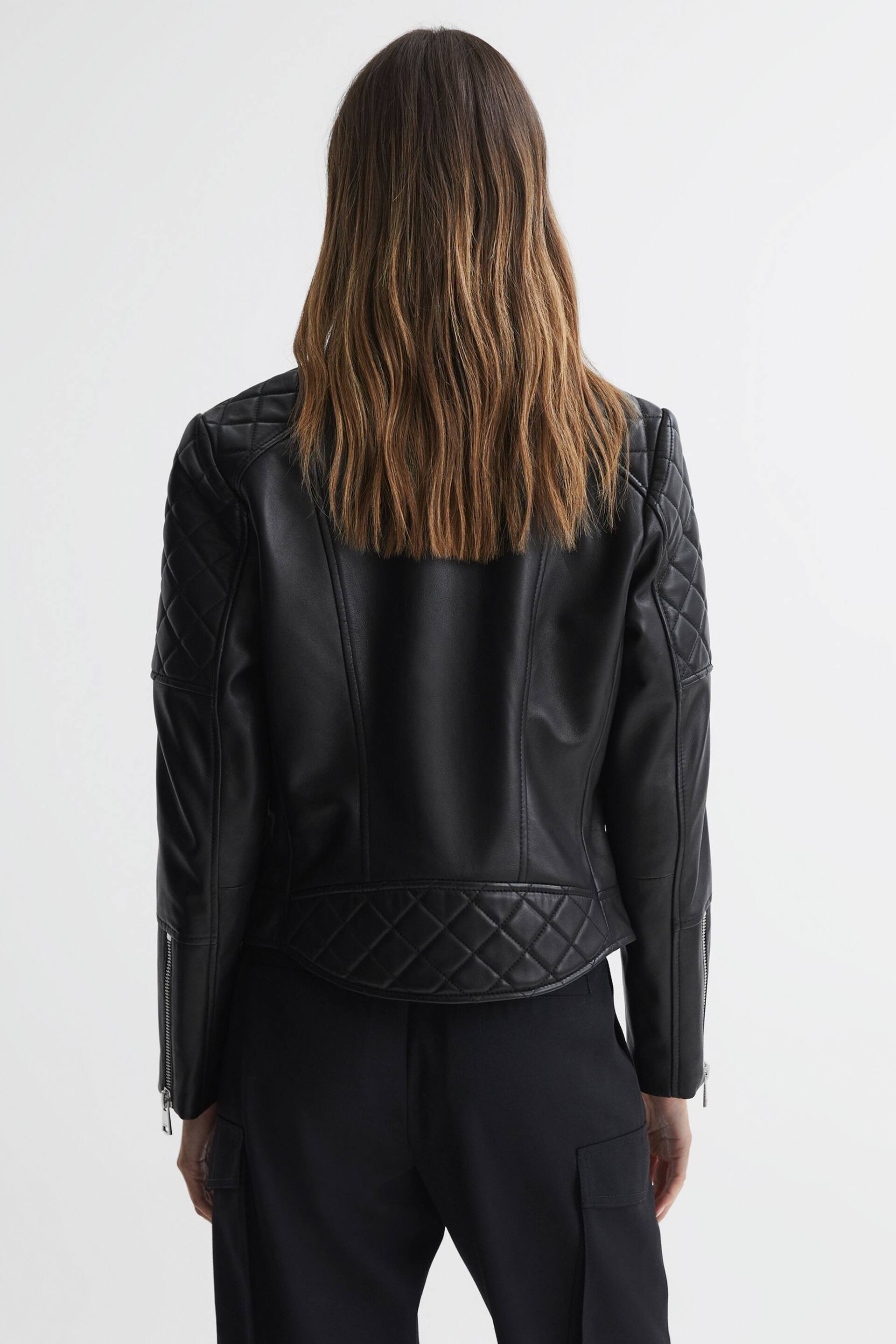 Reiss Black Adelaide Leather Collarless Quilted Jacket - Image 5 of 5