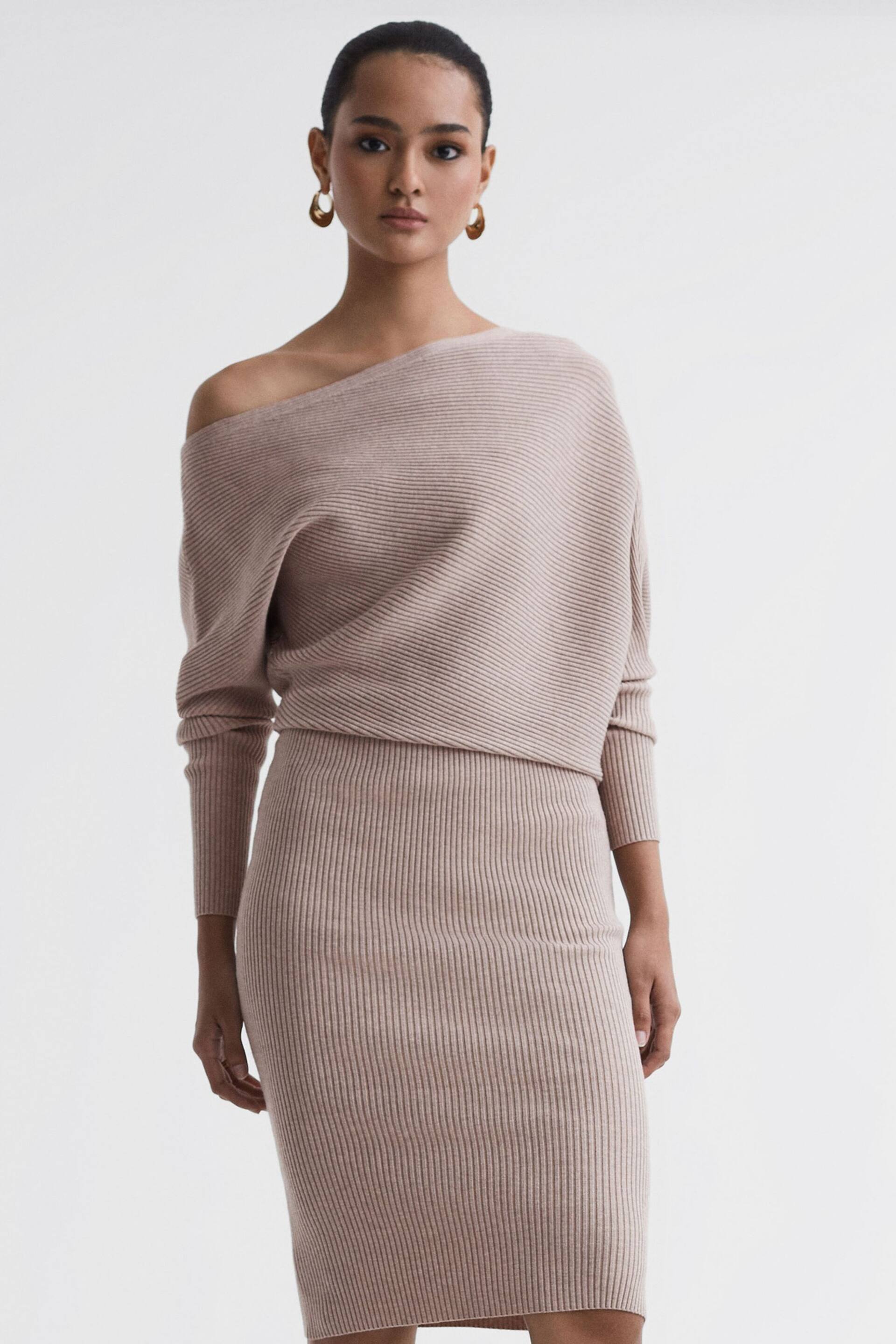 Reiss Neutral Lara Off-The-Shoulder Ribbed Midi Dress - Image 1 of 5