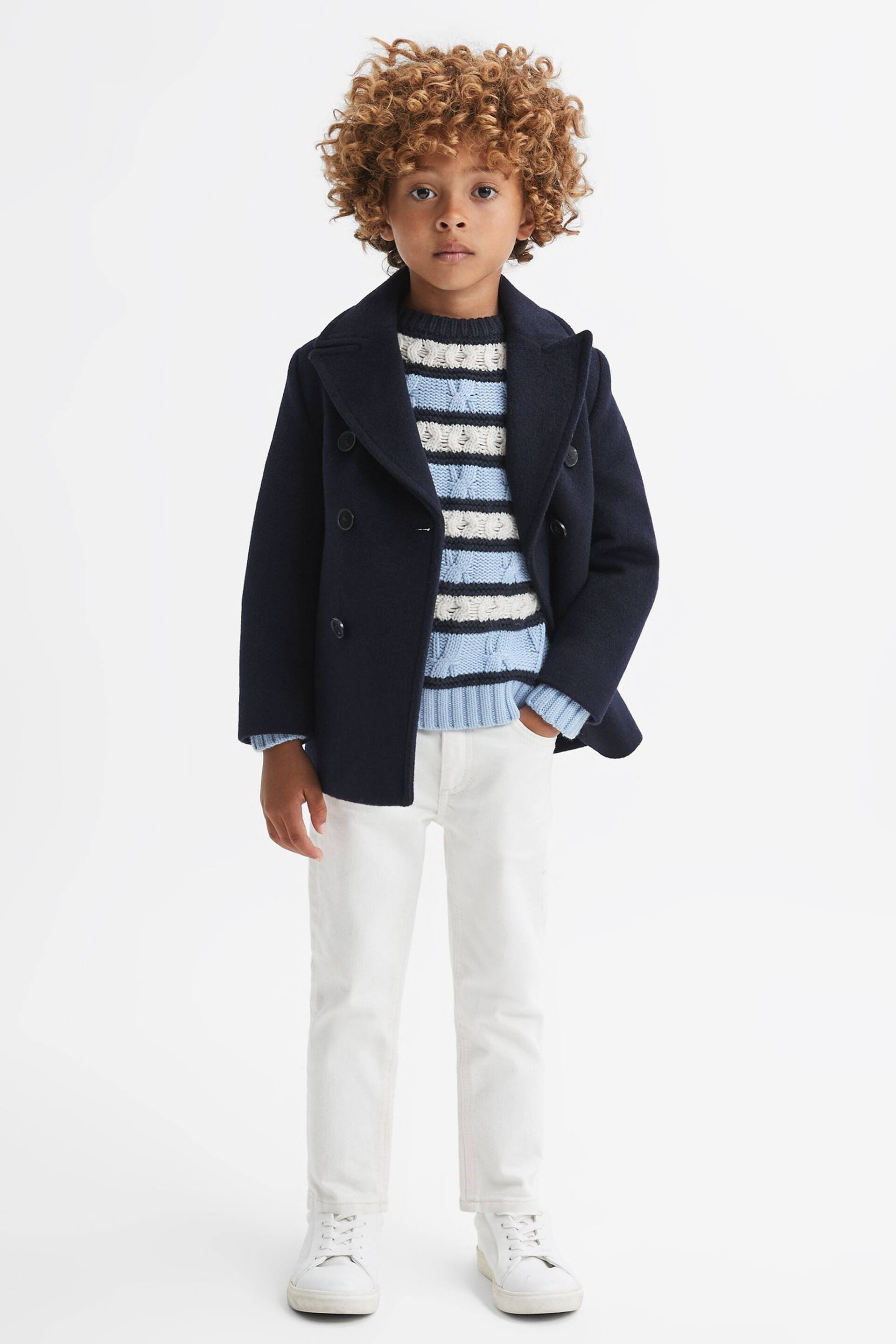 Reiss Ecru/Blue Littleton Junior Cable Knitted Striped Jumper - Image 1 of 5