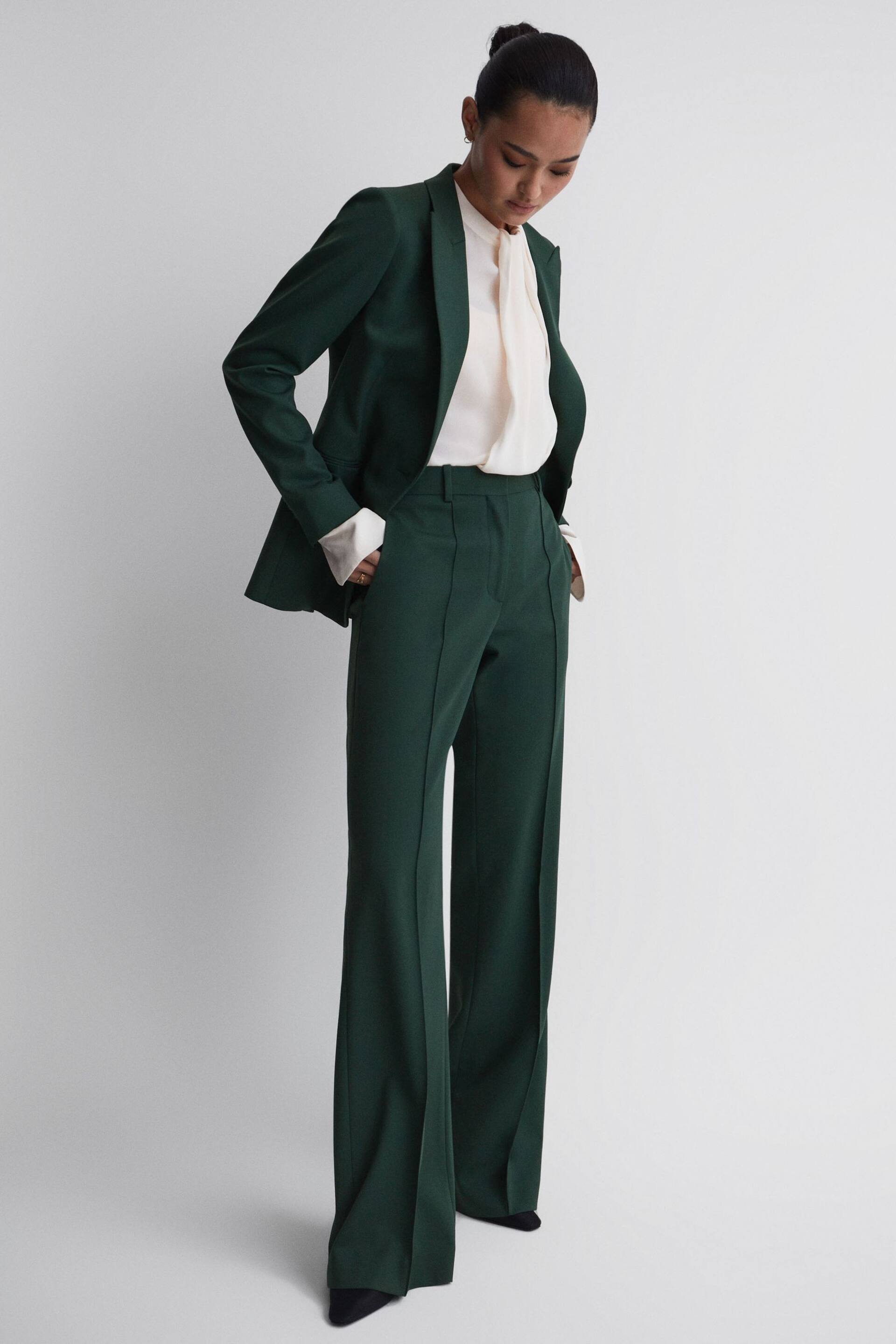 Reiss Bottle Green Jade Wide Wide Leg Wool Blend Mid Rise Suit Trousers - Image 4 of 5