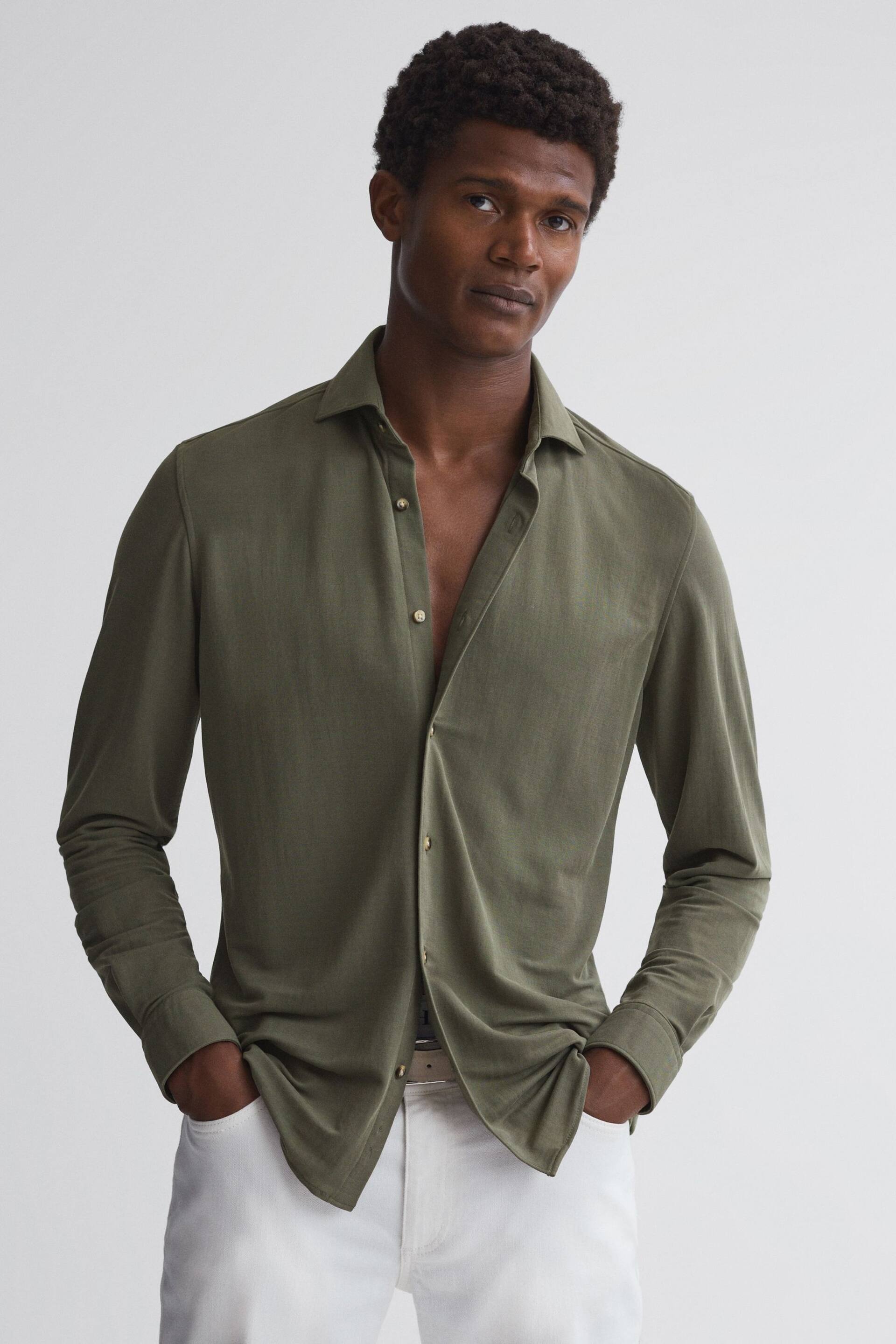 Reiss Khaki Bobby Slim Fit Cutaway Collar Modal Shirt - Image 1 of 6