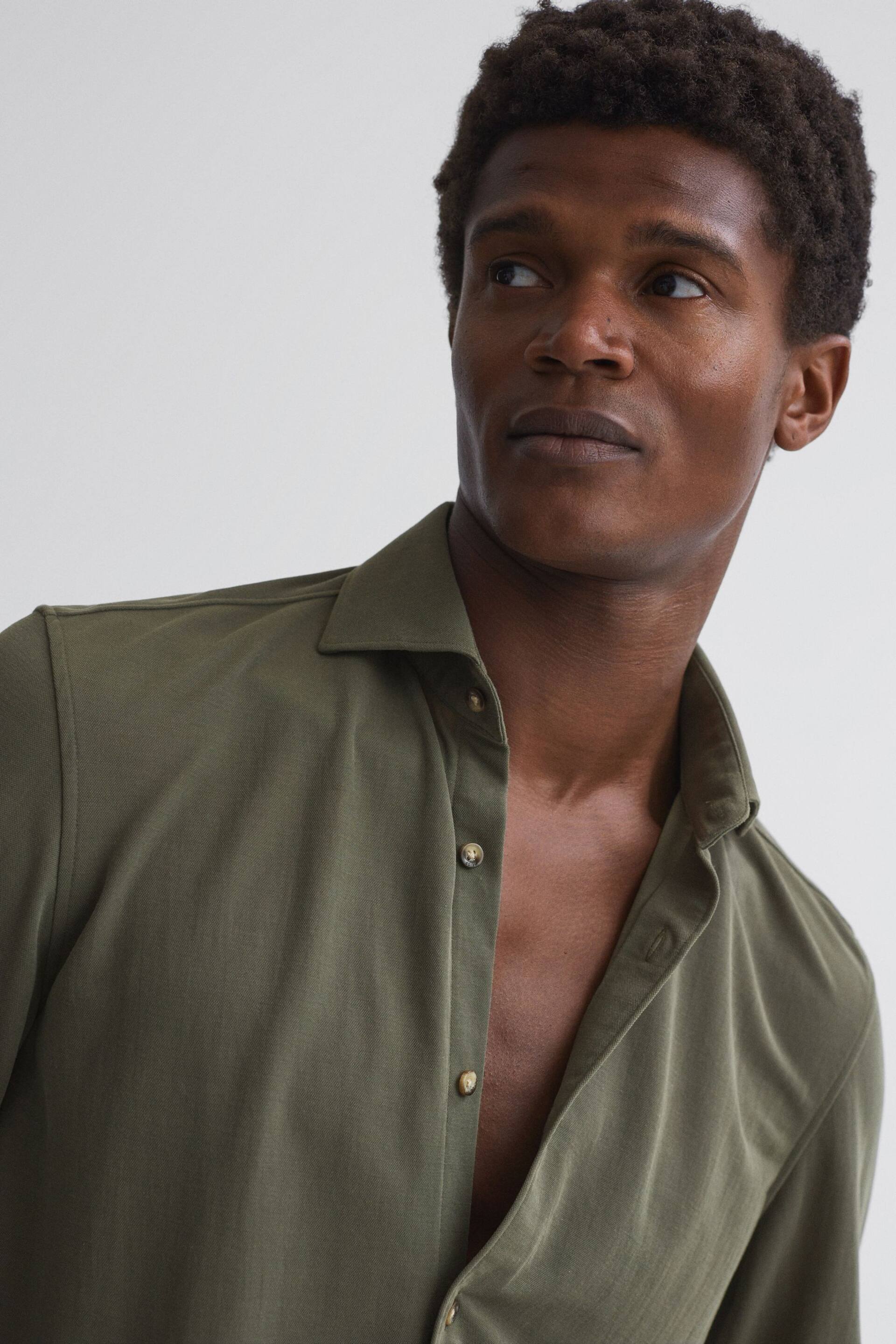 Reiss Khaki Bobby Slim Fit Cutaway Collar Modal Shirt - Image 4 of 6