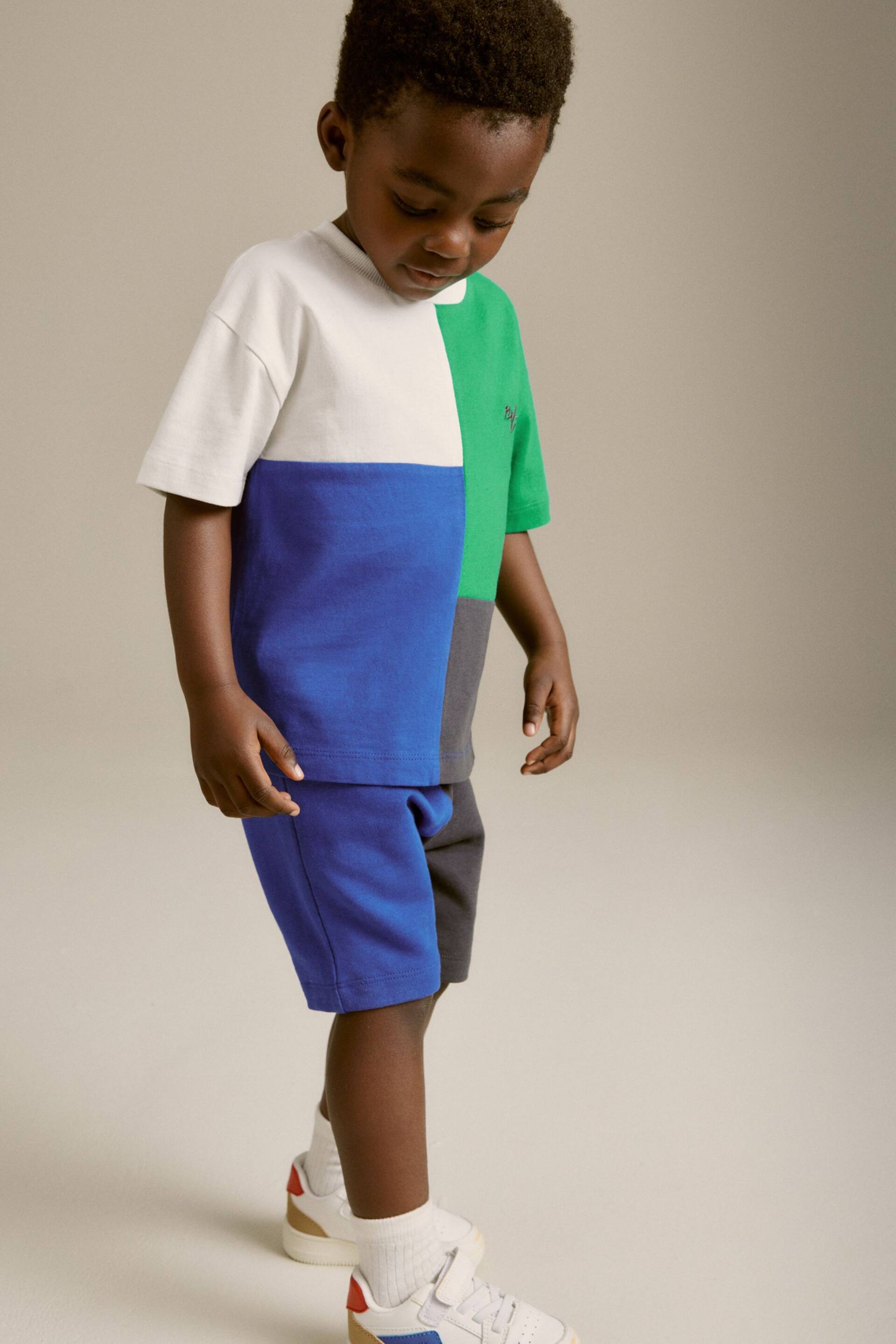 Blue/Green Short Sleeve Colourblock T-Shirt and Shorts Set (3mths-7yrs) - Image 5 of 9