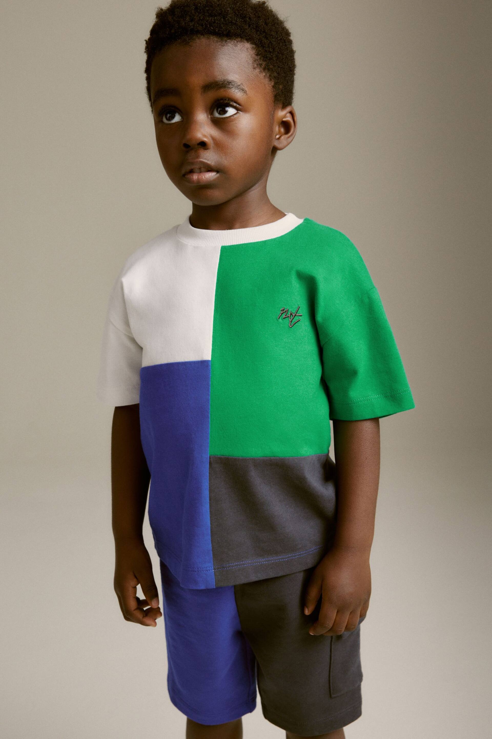 Blue/Green Short Sleeve Colourblock T-Shirt and Shorts Set (3mths-7yrs) - Image 6 of 9