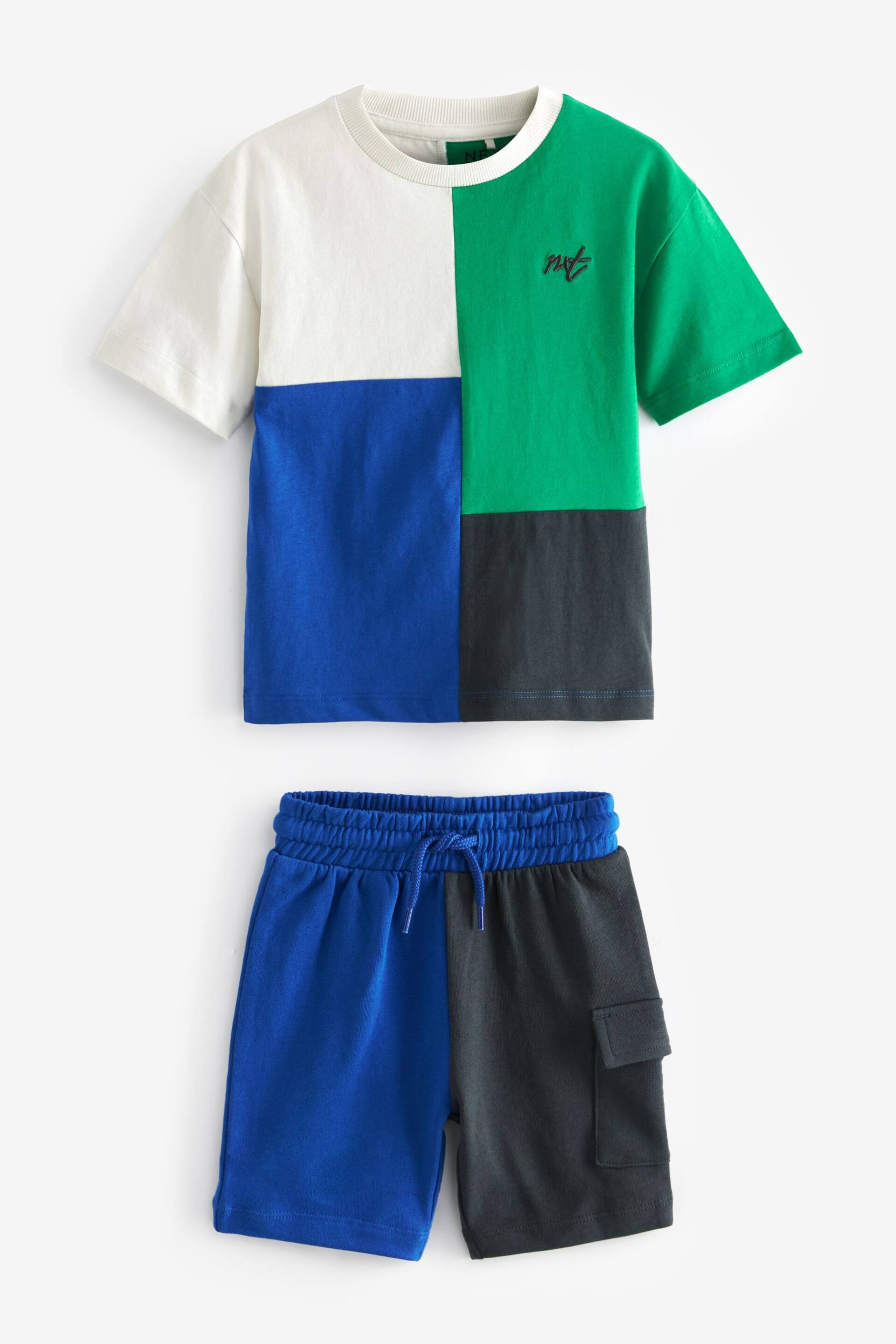 Blue/Green Short Sleeve Colourblock T-Shirt and Shorts Set (3mths-7yrs) - Image 7 of 9