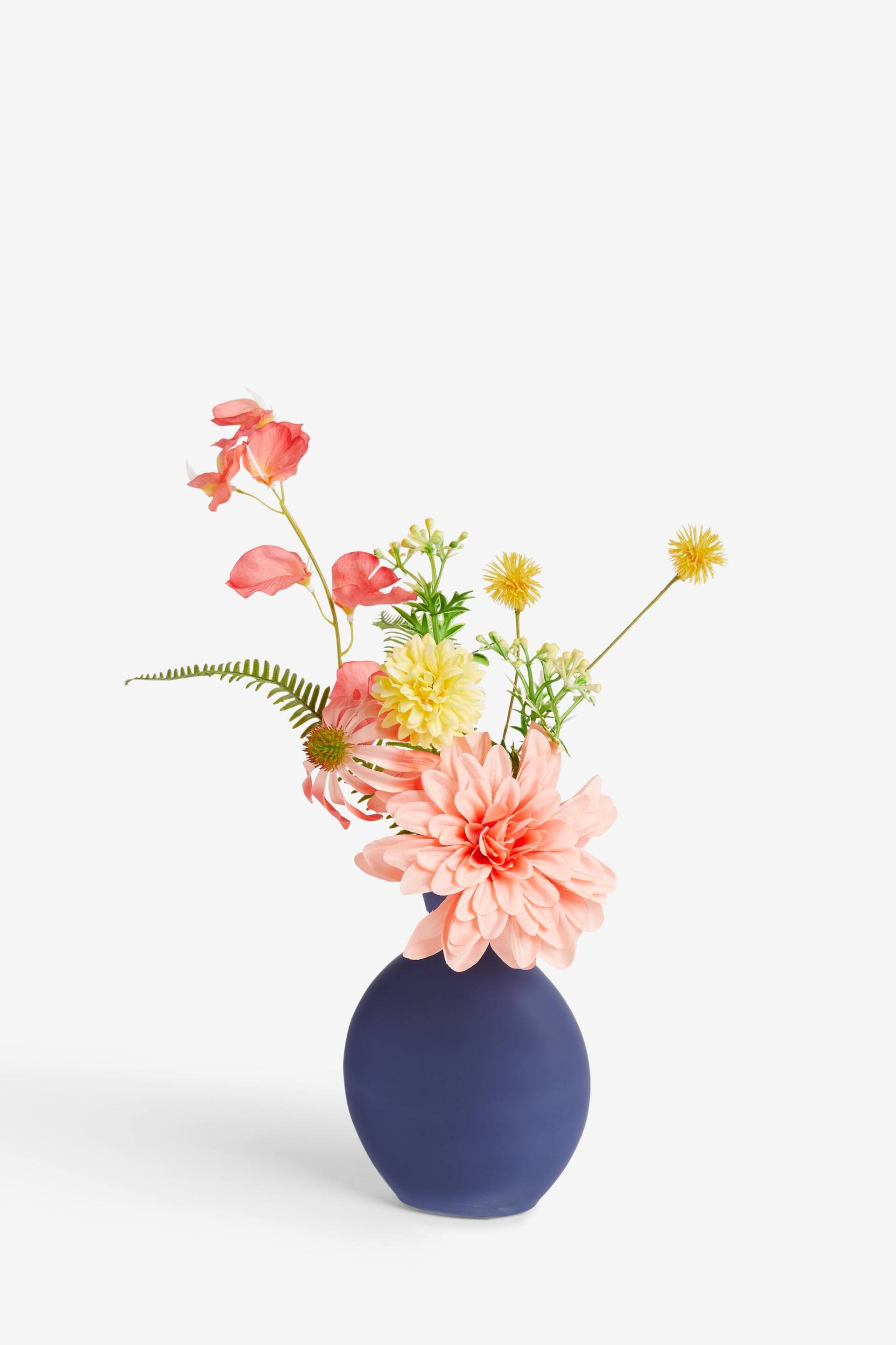 Coral Pink Artificial Dahlia Arrangement In Teal Vase - Image 2 of 3