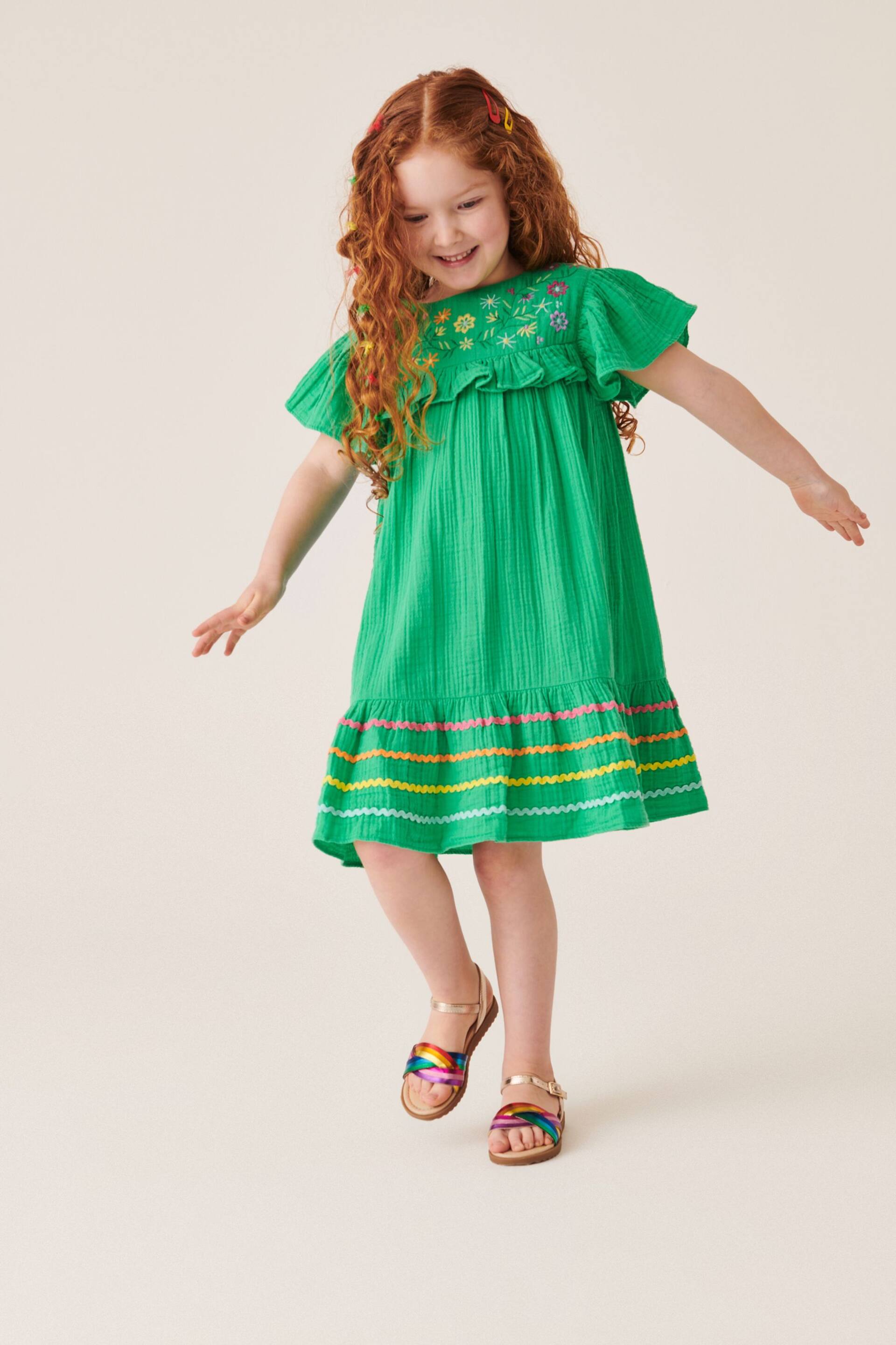 Little Bird by Jools Oliver Green Floral Embroidered Frill Dress - Image 1 of 6