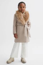 Reiss Oatmeal Brooks Junior Faux Fur Collar Wool Coat - Image 6 of 7