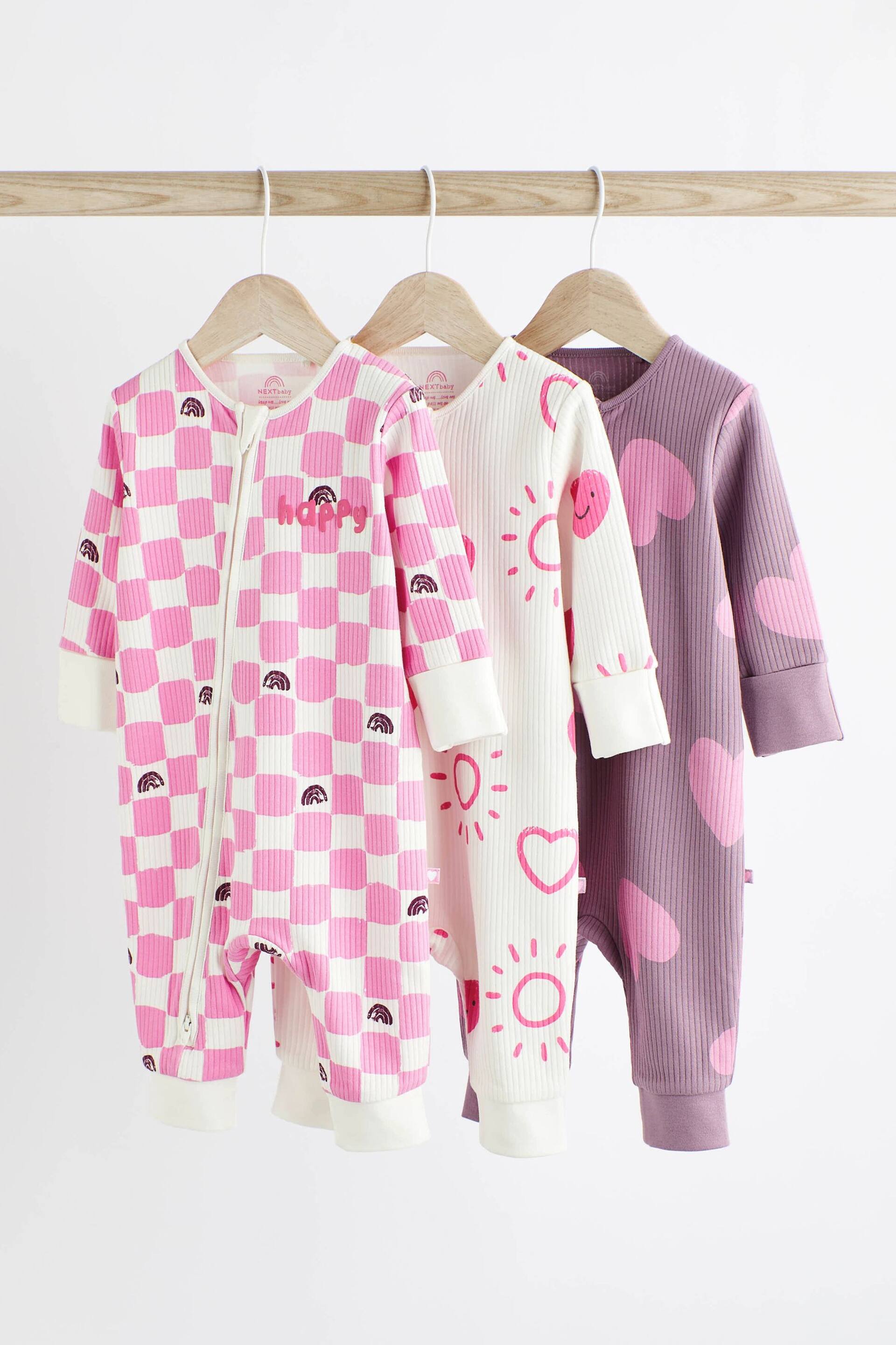 Pink Footless Baby Sleepsuits 3 Pack (0mths-3yrs) - Image 1 of 12