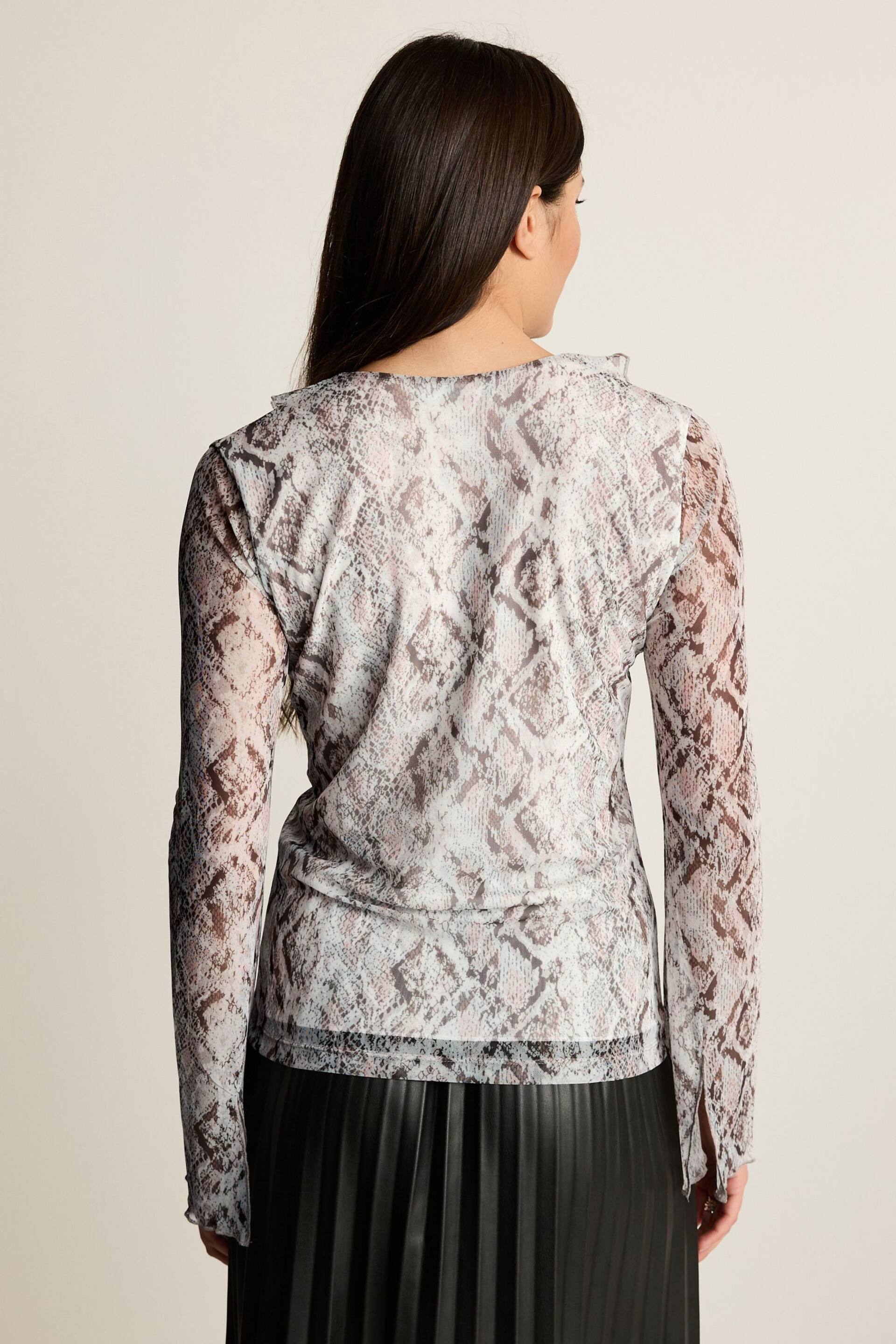 White Snake Print Long Sleeve Ruffle Front Mesh Top - Image 3 of 6